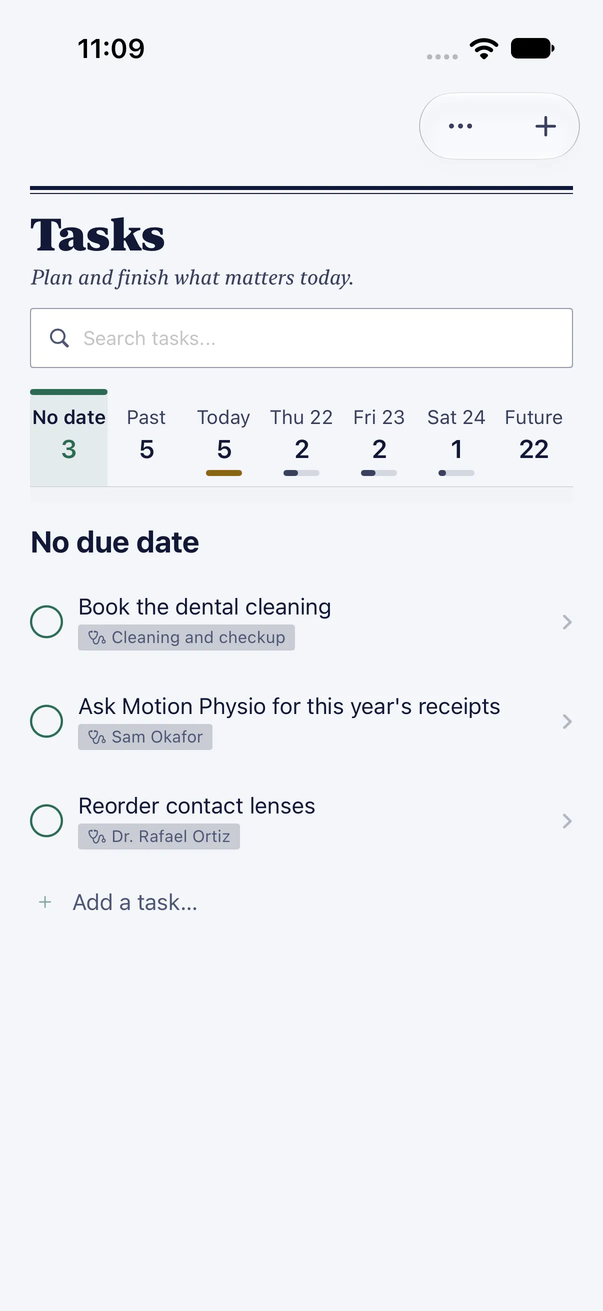 HourLife Care: Three undated Care to-dos under Tasks’ “No date”, tagged “Cleaning and checkup”, “Sam Okafor” and “Dr. Rafael Ortiz”.