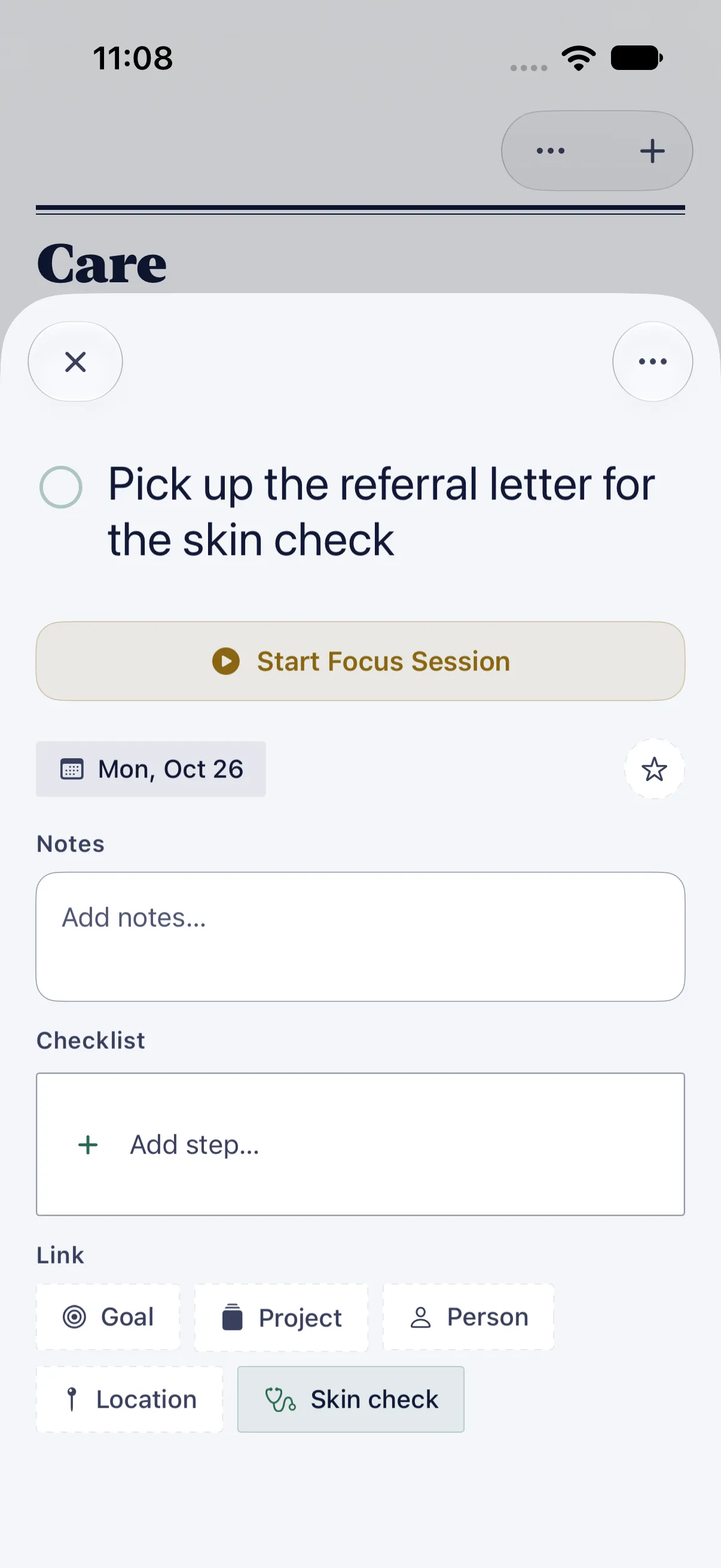 HourLife Care: A Care to-do open in Tasks, due Mon, Oct 26, with “Skin check” under “Link”, which opens the visit.