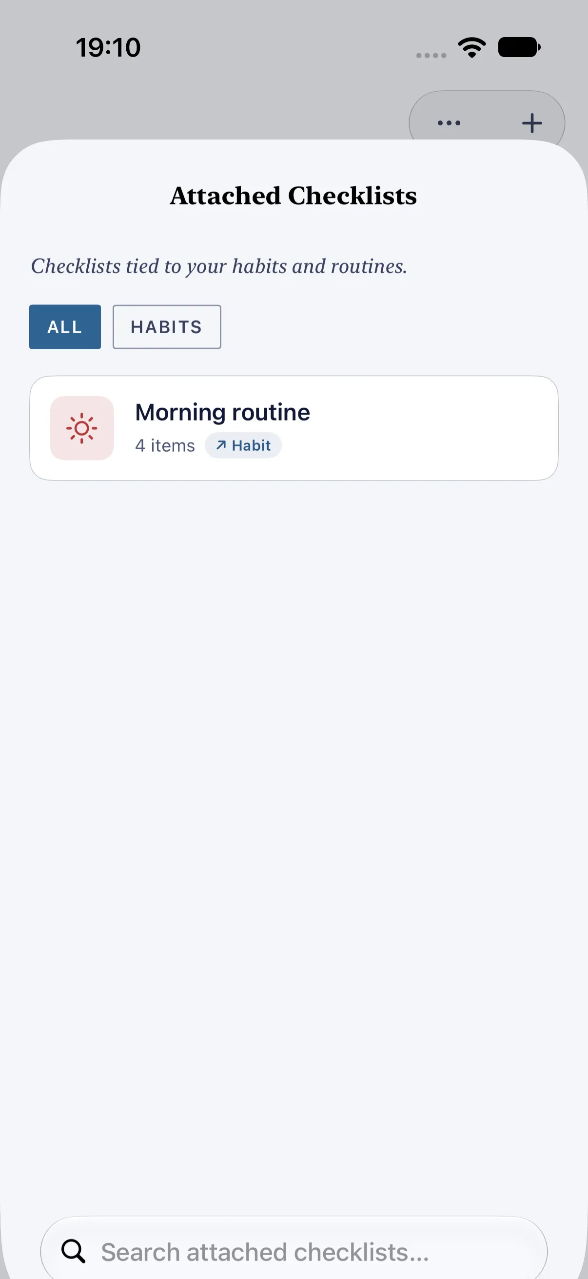 HourLife Checklists: A habit's checklist, kept under “Attached checklists” with a Habit badge.