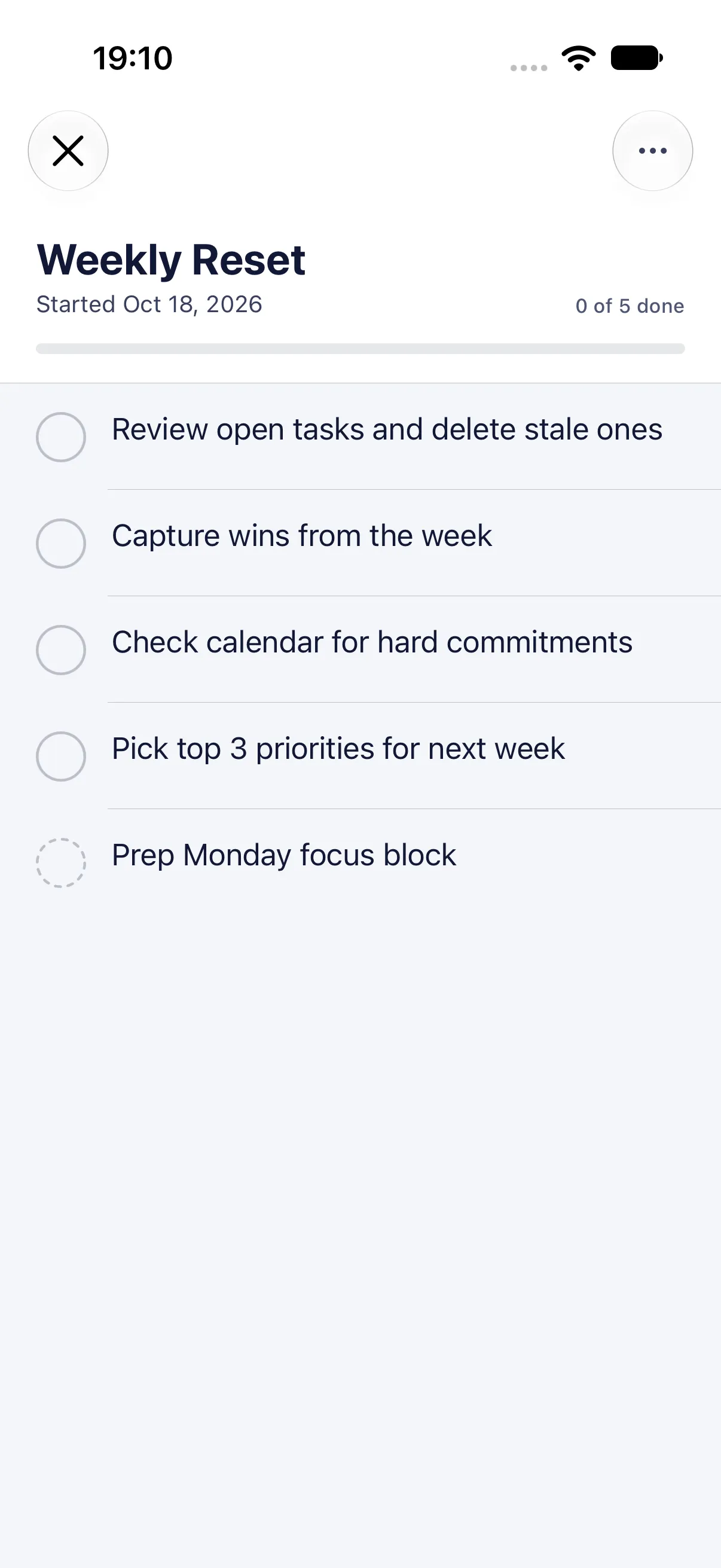 HourLife Checklists: A fresh Weekly Reset session showing “0 of 5 done”, with the optional last item drawn as a dashed circle.