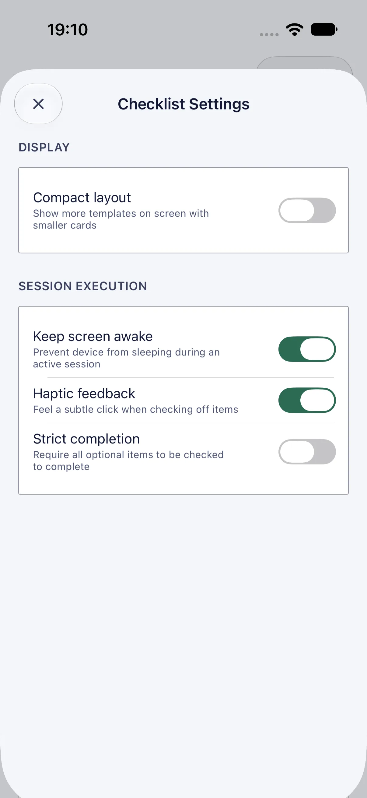 HourLife Checklists: Compact layout, Keep screen awake, Haptic feedback and Strict completion.