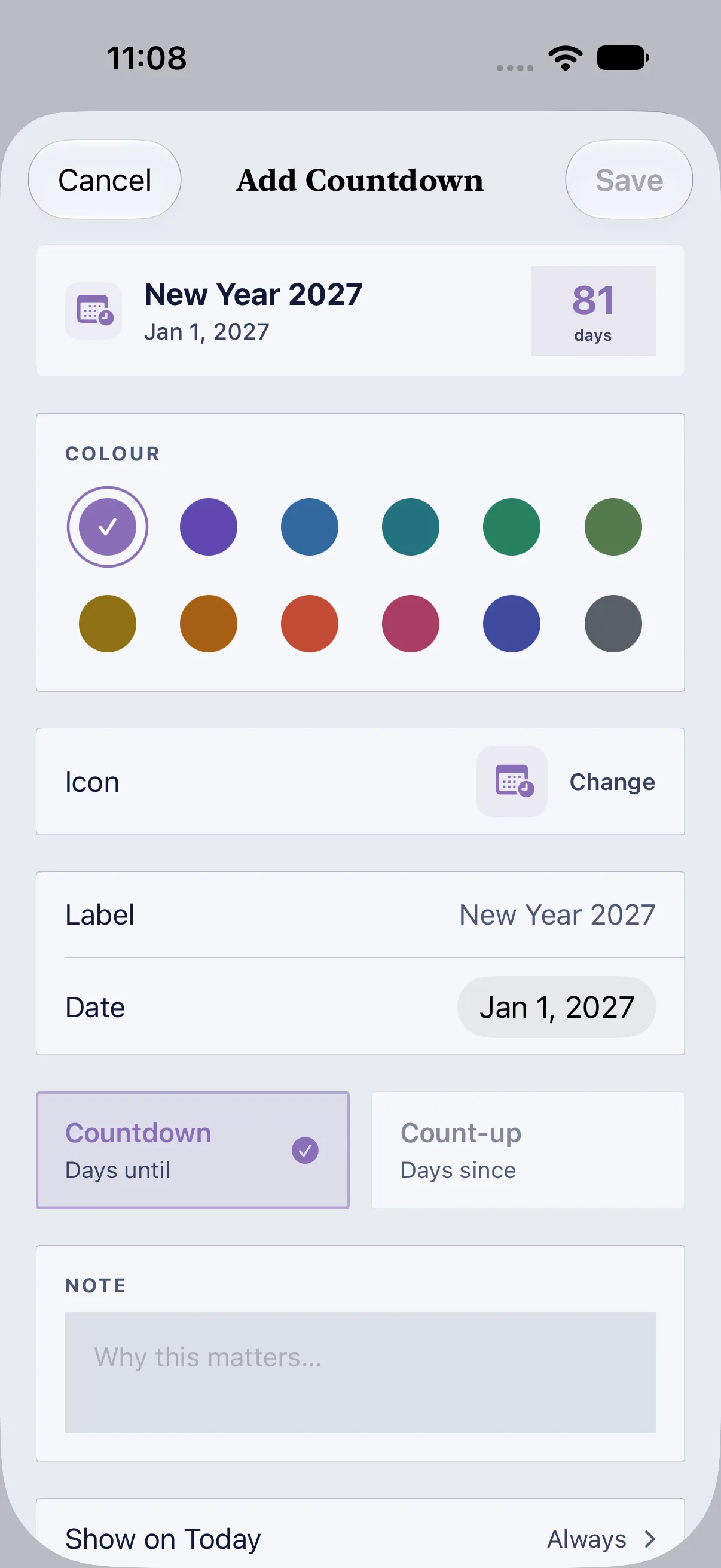 The Add Countdown sheet, previewing “New Year 2027” in 81 days, with the colours, the Countdown and Count-up cards, a note, and “Show on Today”.