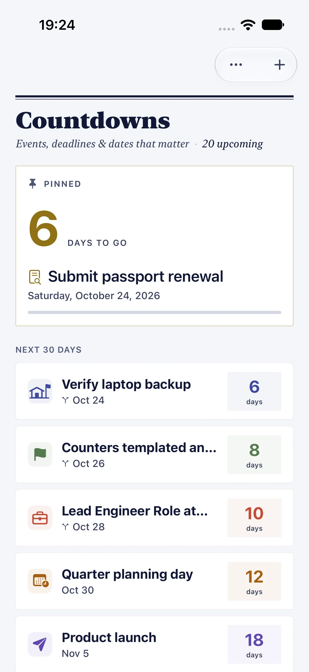 Countdowns with “20 upcoming” in the header, a passport renewal pinned at the top with 6 days to go, and the “NEXT 30 DAYS” group below it.