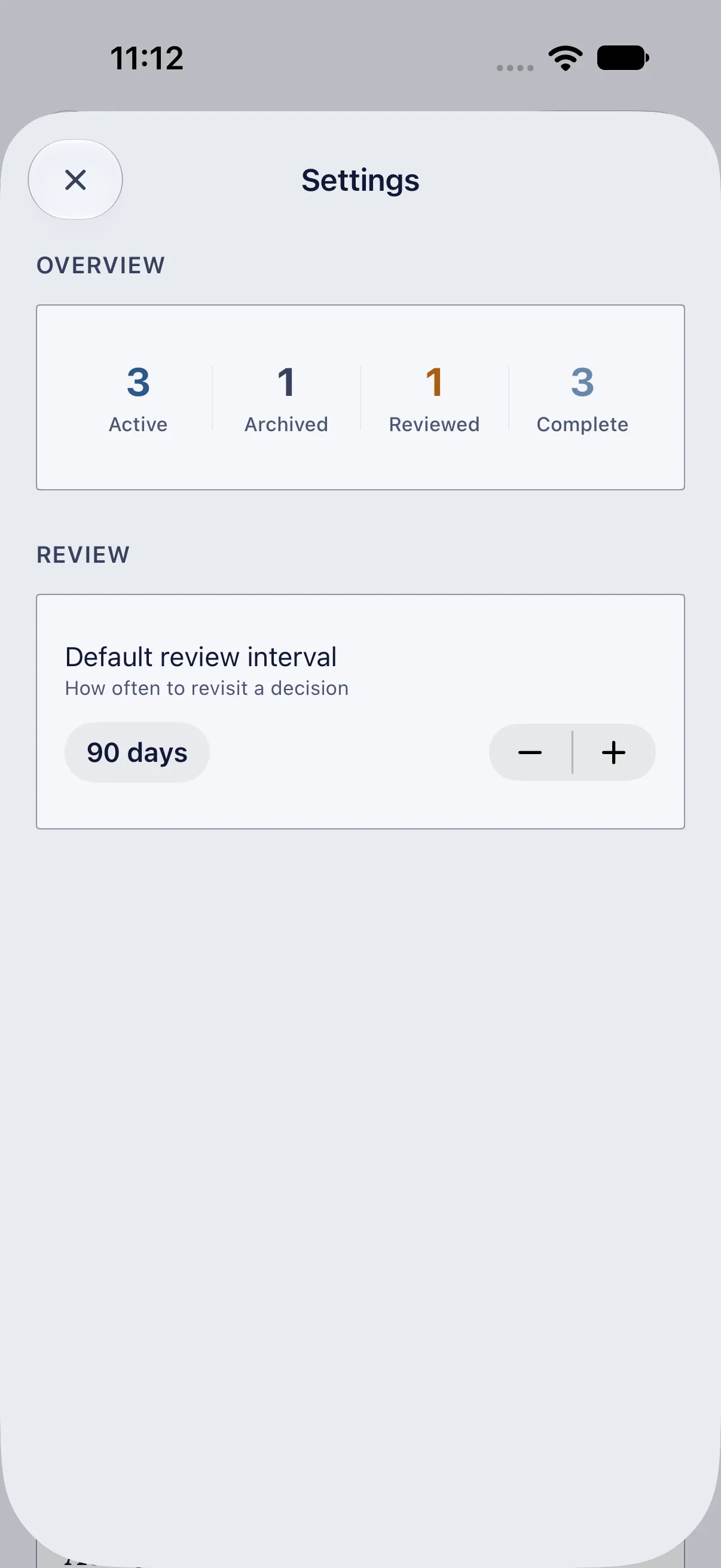 HourLife Decisions: The overview counts, and a “Default review interval” of 90 days.