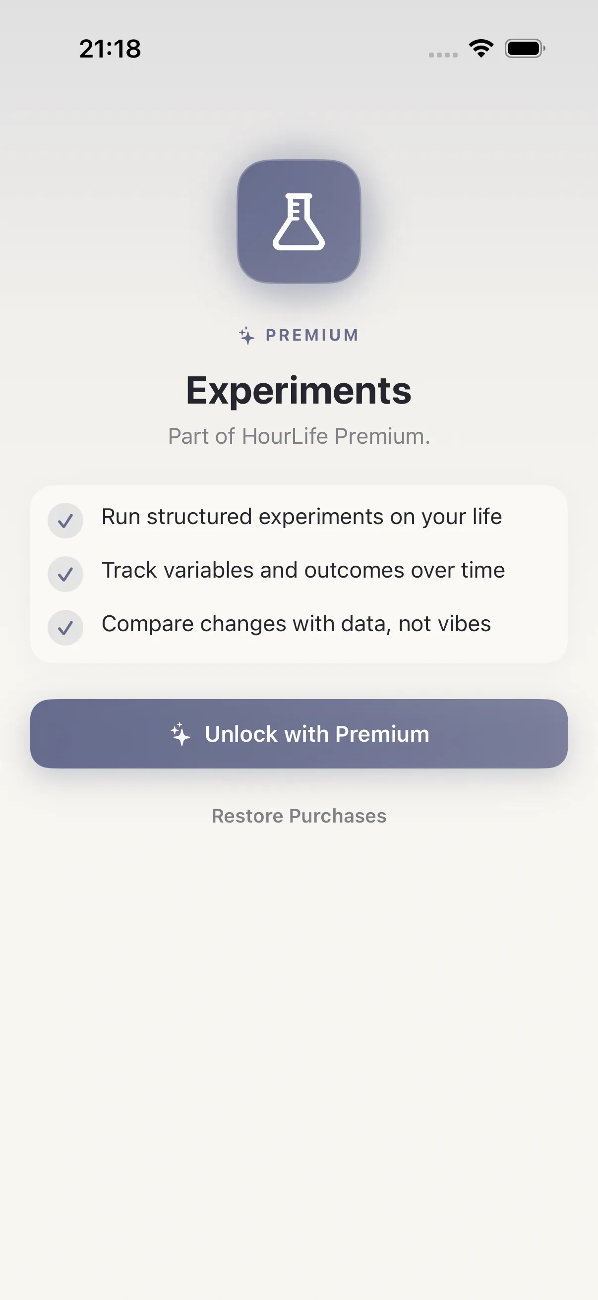 Experiments screen in HourLife