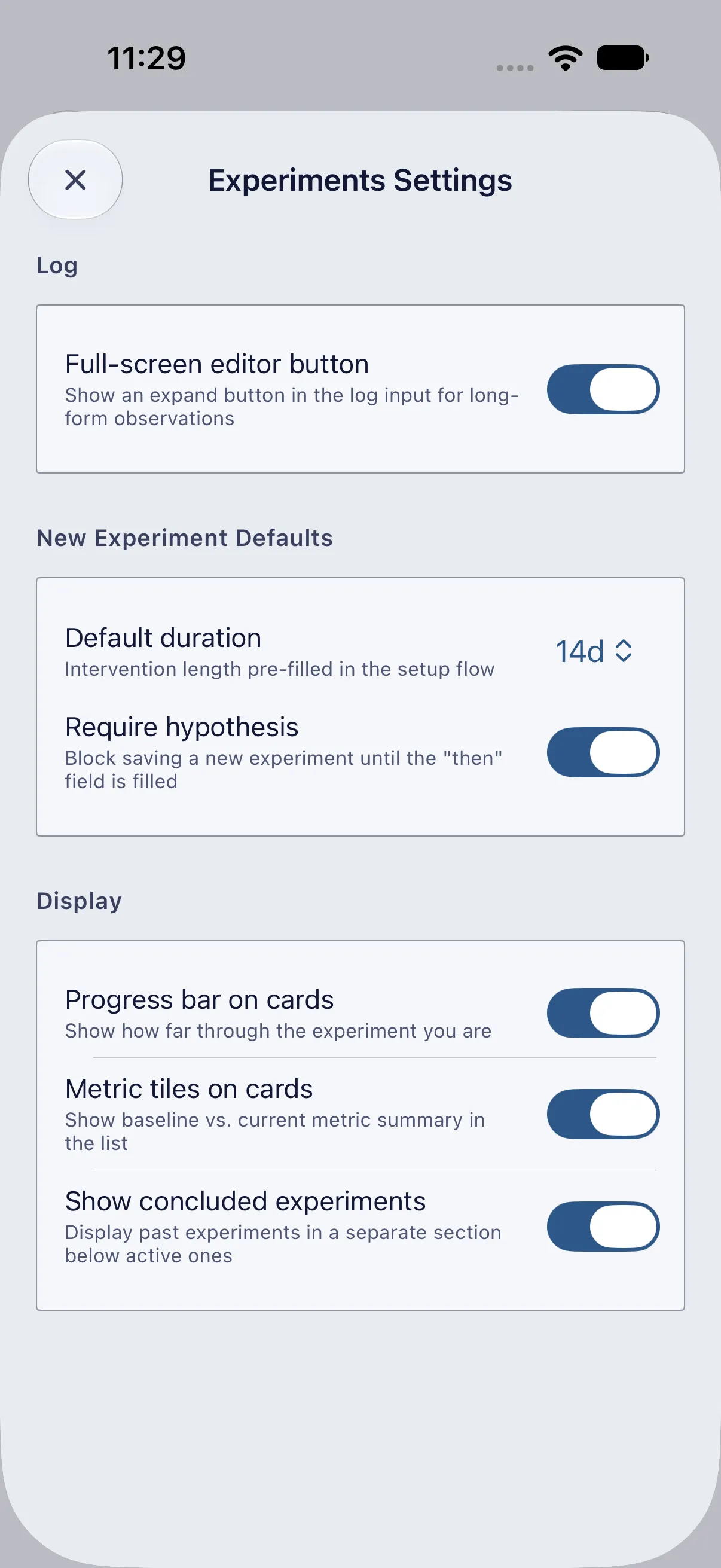 HourLife Experiments: The default run length, “Require hypothesis”, and what the cards on the list show.