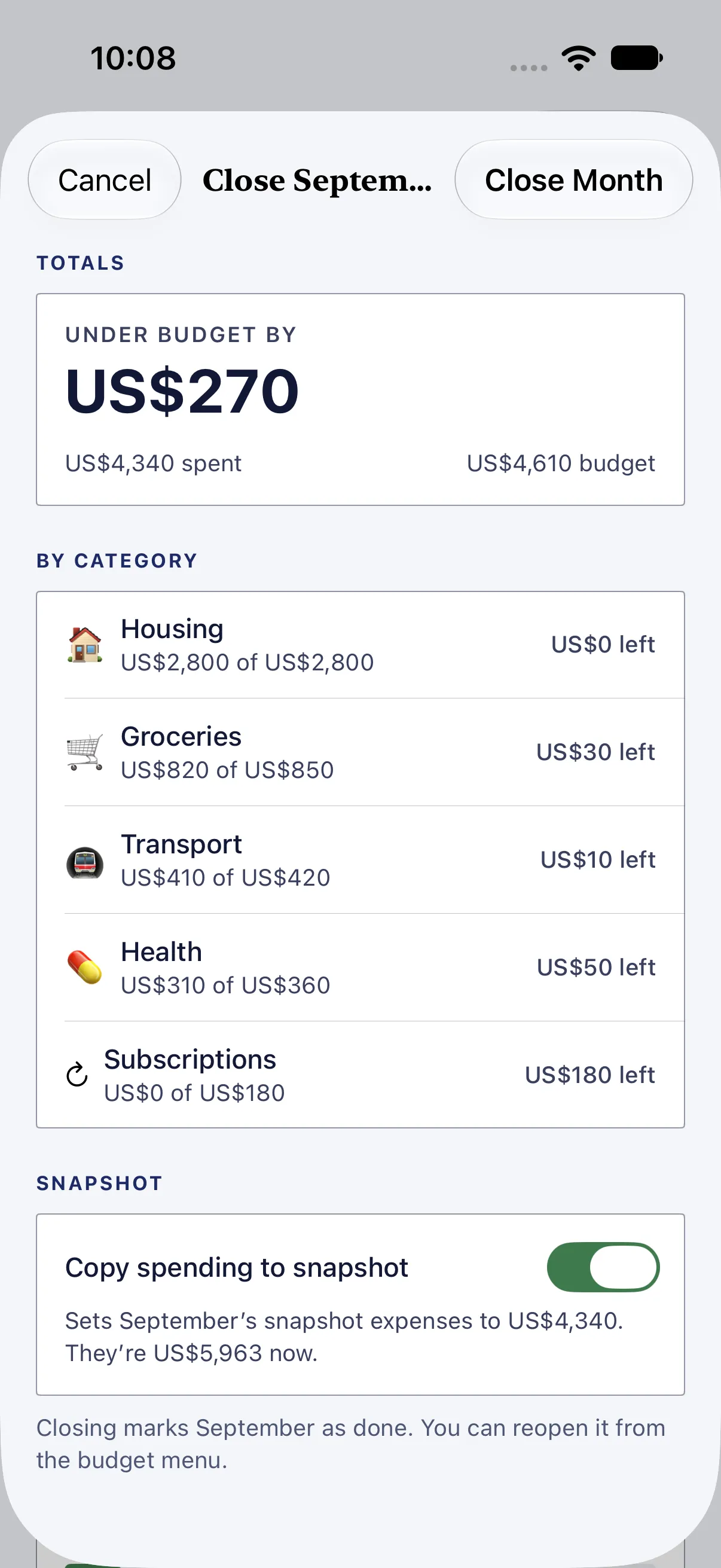 HourLife Finances: Closing September, $270 under its $4,610 budget, each category against its target, and “Copy spending to snapshot” setting the month’s snapshot expenses to $4,340.