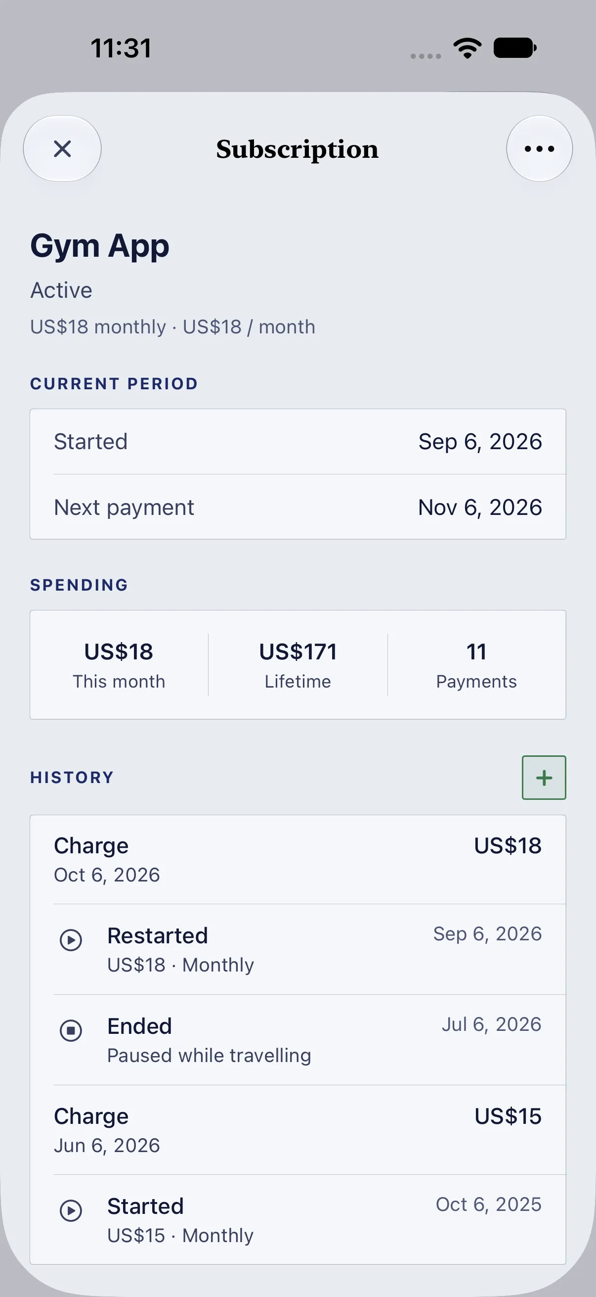 HourLife Finances: Gym App, started, ended while travelling, and restarted at $18, with $171 spent over 11 payments.