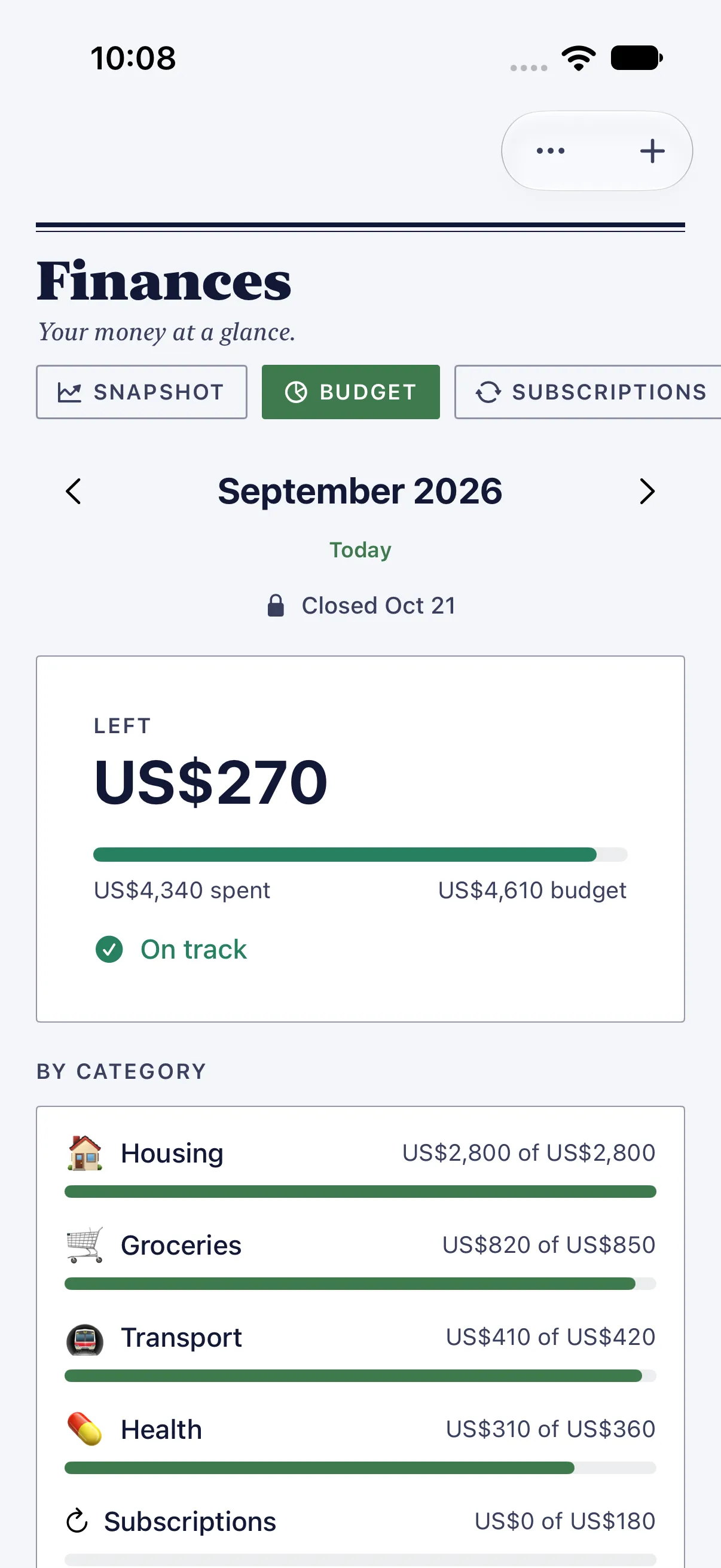 HourLife Finances: September after closing, “Closed Oct 21” under its name with a lock, $270 left and on track.