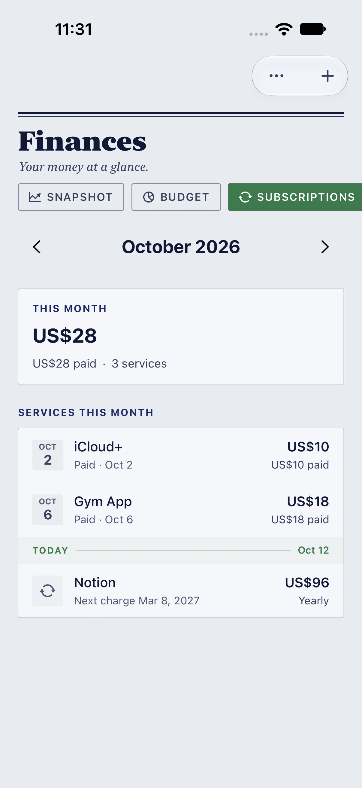 October’s services, iCloud+ and Gym App paid, a TODAY marker on Oct 12, and Notion’s yearly charge next March.