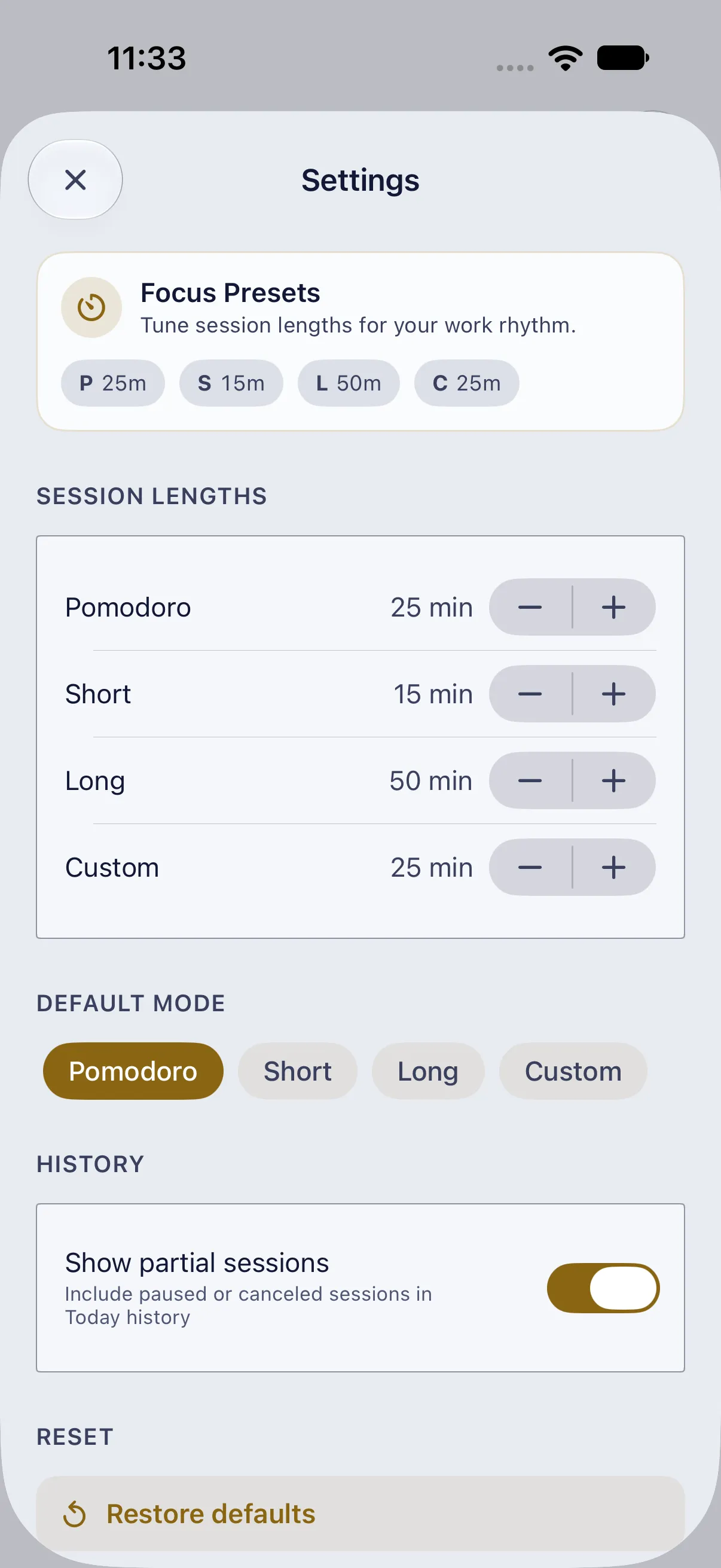 Focus settings: session lengths for Pomodoro, Short, Long and Custom, the default mode, and partial-session history.