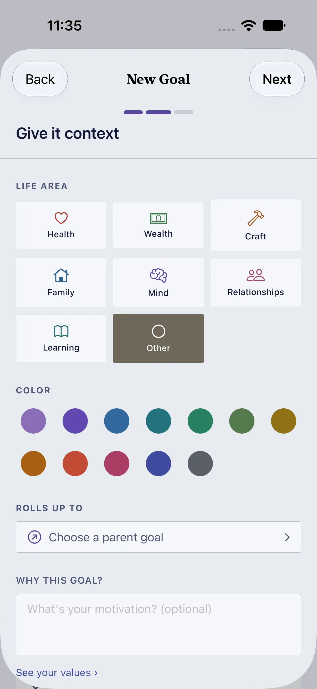 HourLife Goals: The second step sets the life area and colour, the goal it rolls up to, and why it matters.