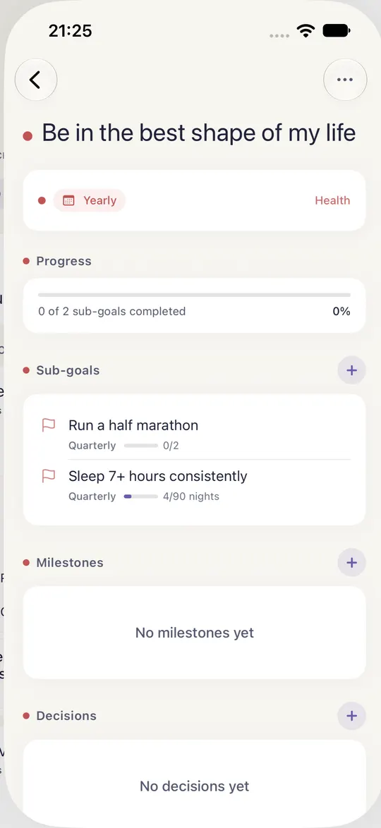 A goal in HourLife, Be in the best shape of my life, with its sub-goals, milestones and decisions.