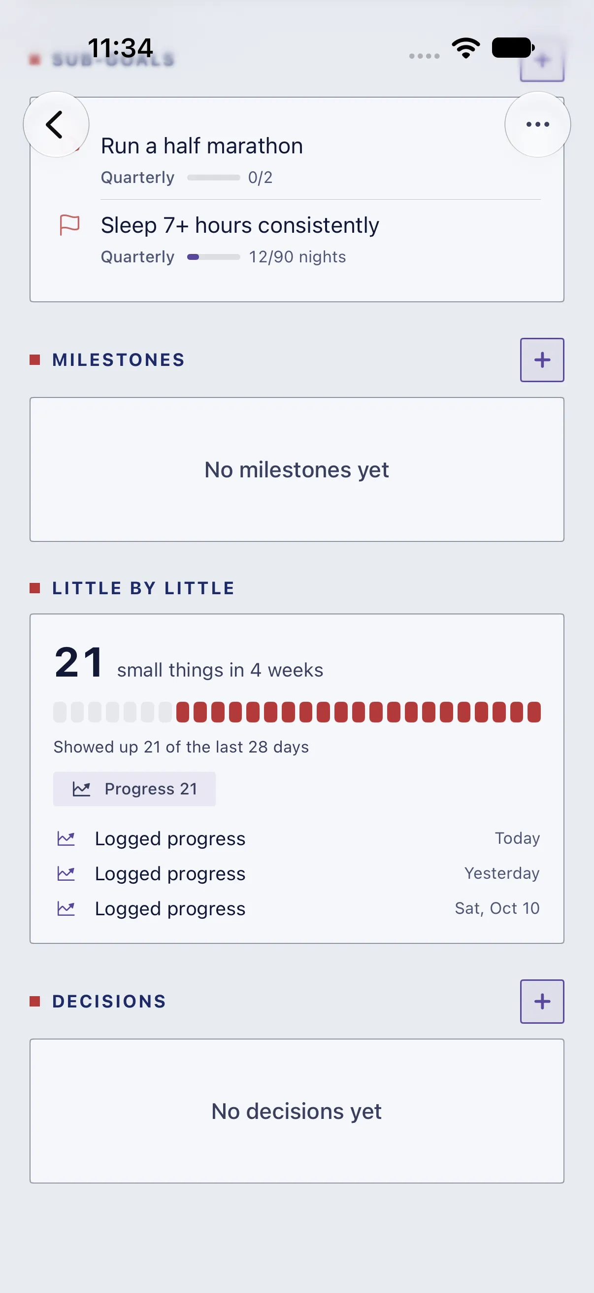 HourLife Goals: Little by little counts 21 small things in four weeks, on 21 of the last 28 days.