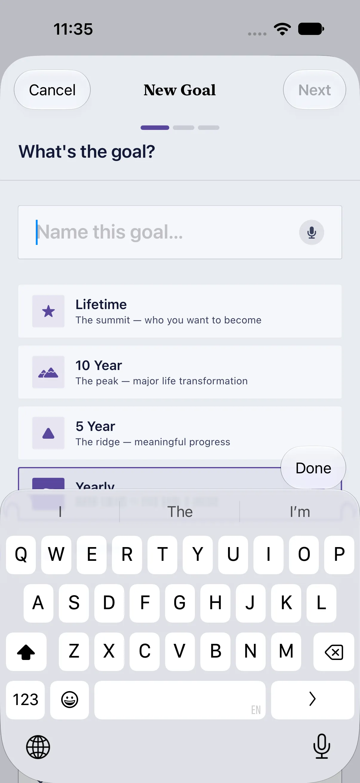 HourLife Goals: The first step of a new goal: a name, then a horizon from “Lifetime” down to “Quarterly”.