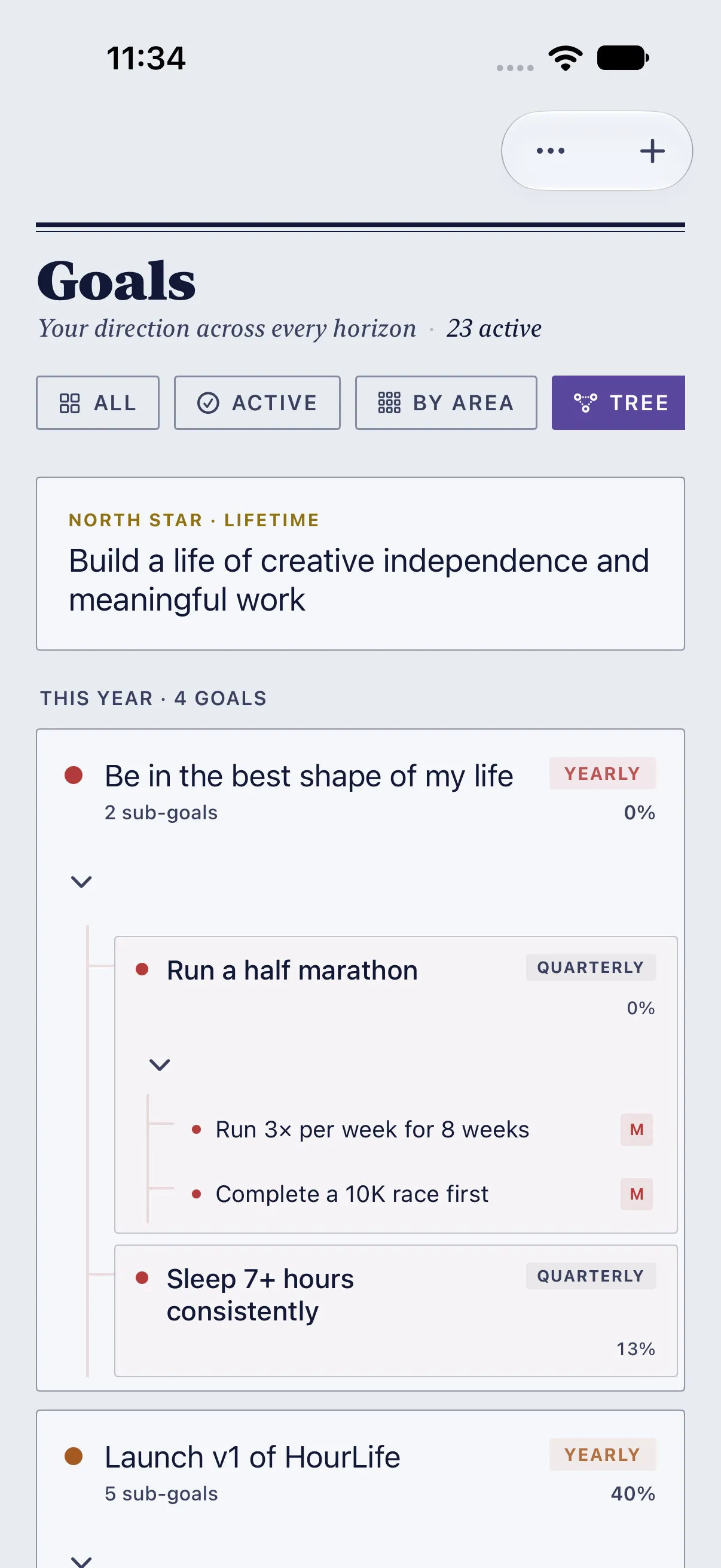 The Tree view puts the North Star on top, and a yearly fitness goal opens into quarterly sub-goals and two monthly ones.