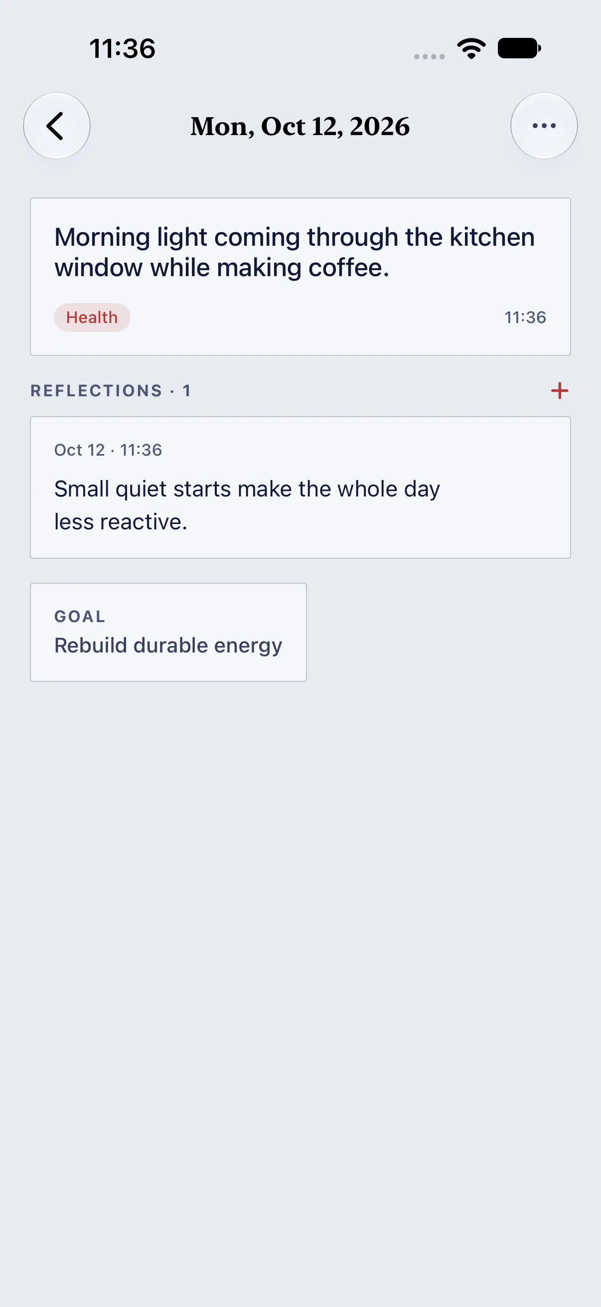 HourLife Gratitude: A line from the morning, tagged Health, with one reflection and the goal it is linked to.