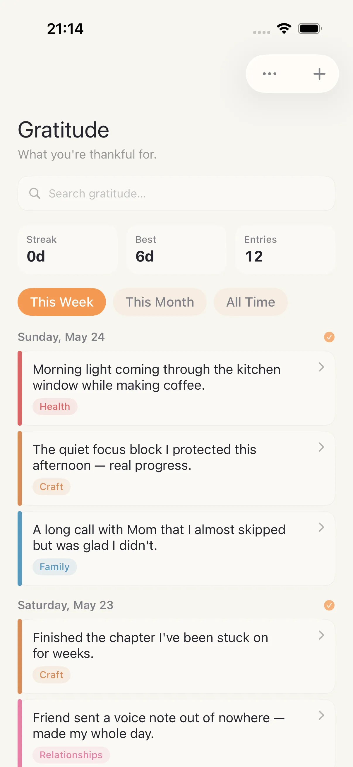 Gratitude screen in HourLife