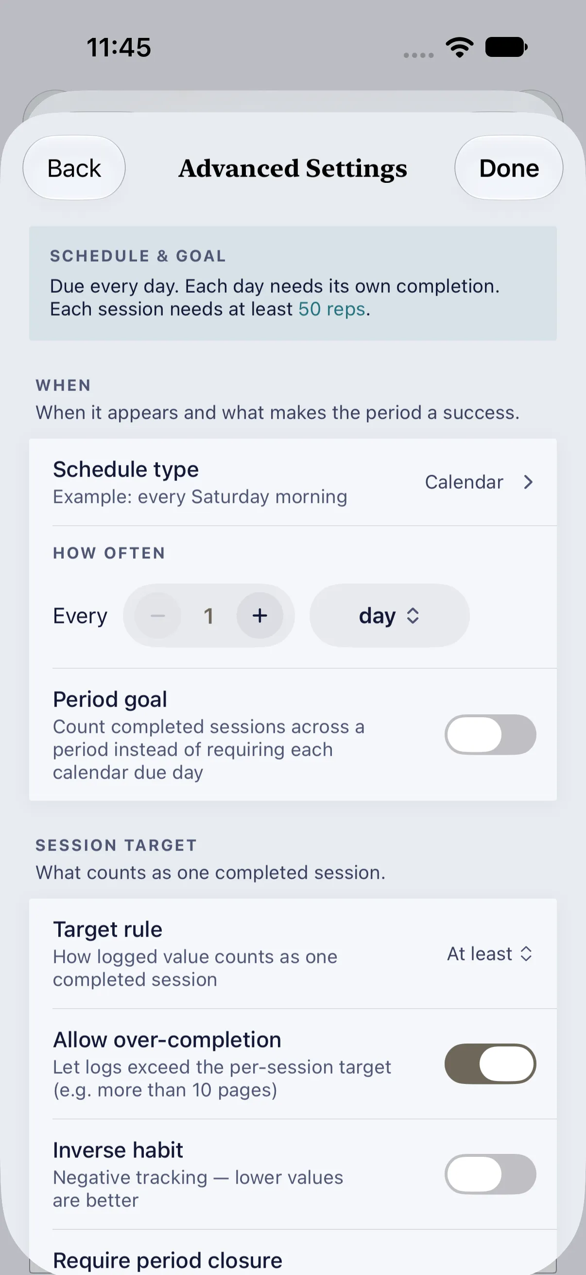 HourLife Habits: Advanced Settings, with the plain-English “SCHEDULE & GOAL” summary above WHEN and SESSION TARGET.