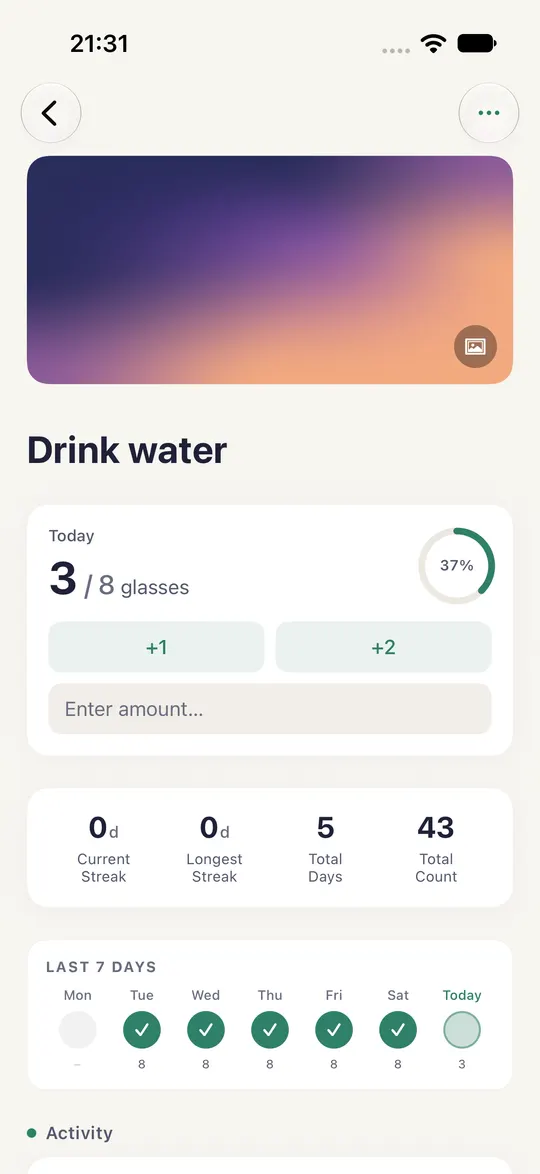 A habit in HourLife, Drink water: three of eight glasses today and the last seven days ticked off.