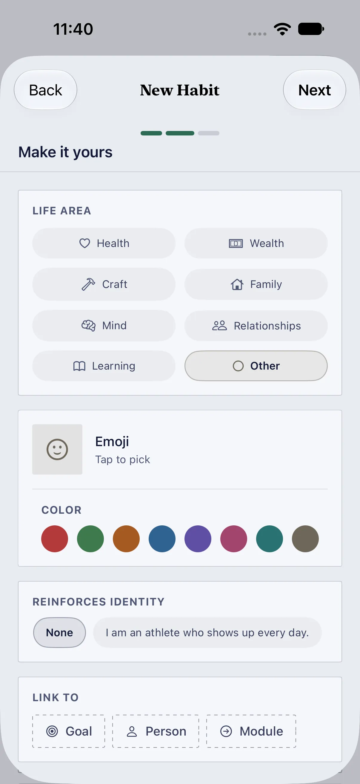 HourLife Habits: The second step of a new habit, with a life area, an emoji and a colour, an identity it reinforces, and links to a goal, person or module.