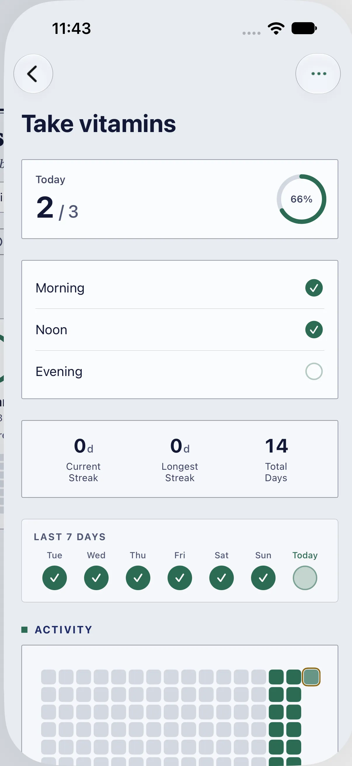 HourLife Habits: Take vitamins, a multi-check, with Morning and Noon ticked and Evening still open.