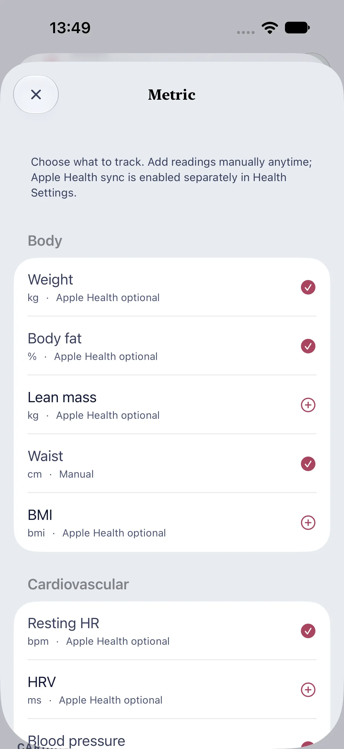 HourLife Health: The metric library, where checked metrics are tracked and each one is marked “Apple Health optional” or “Manual”.