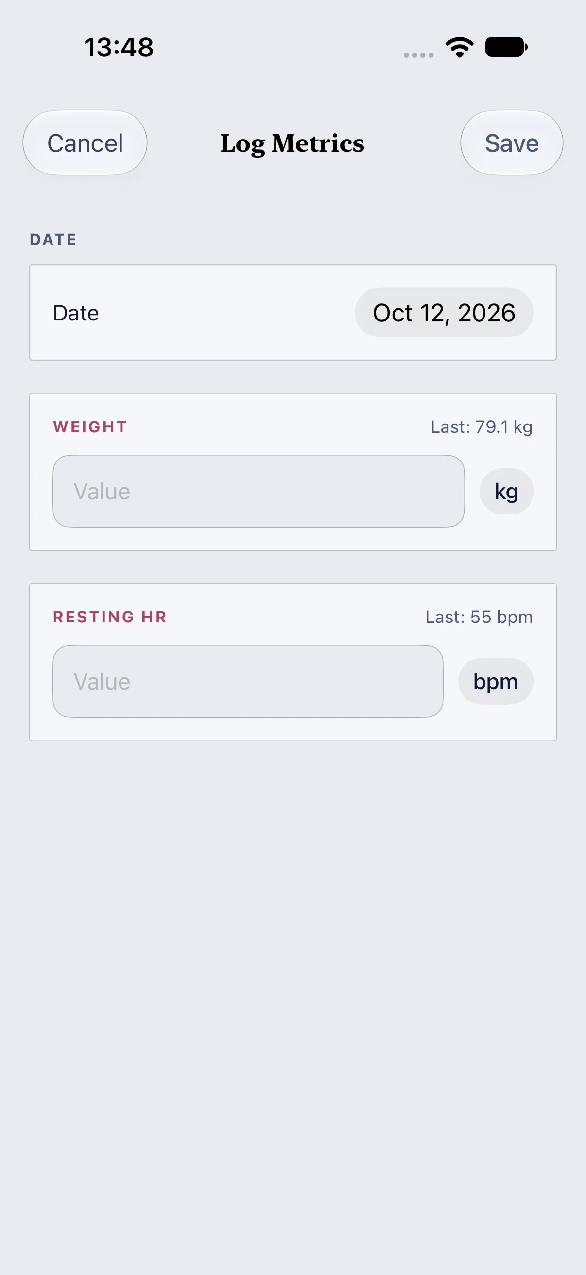 HourLife Health: “Log Metrics”, with a field for each metric you log by hand and its last reading beside it.