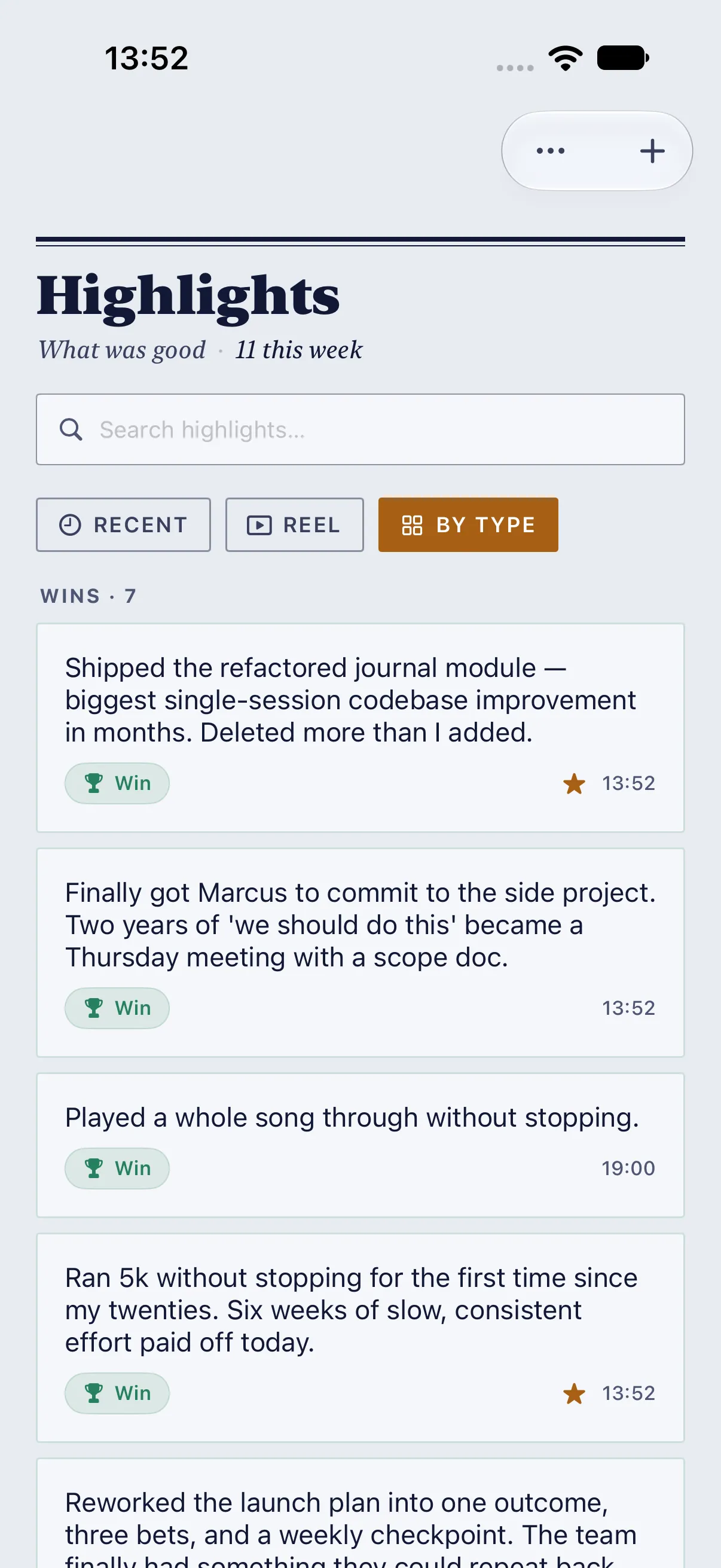 HourLife Highlights: By Type, opening on “WINS · 7”. A star marks the ones kept for the Reel.