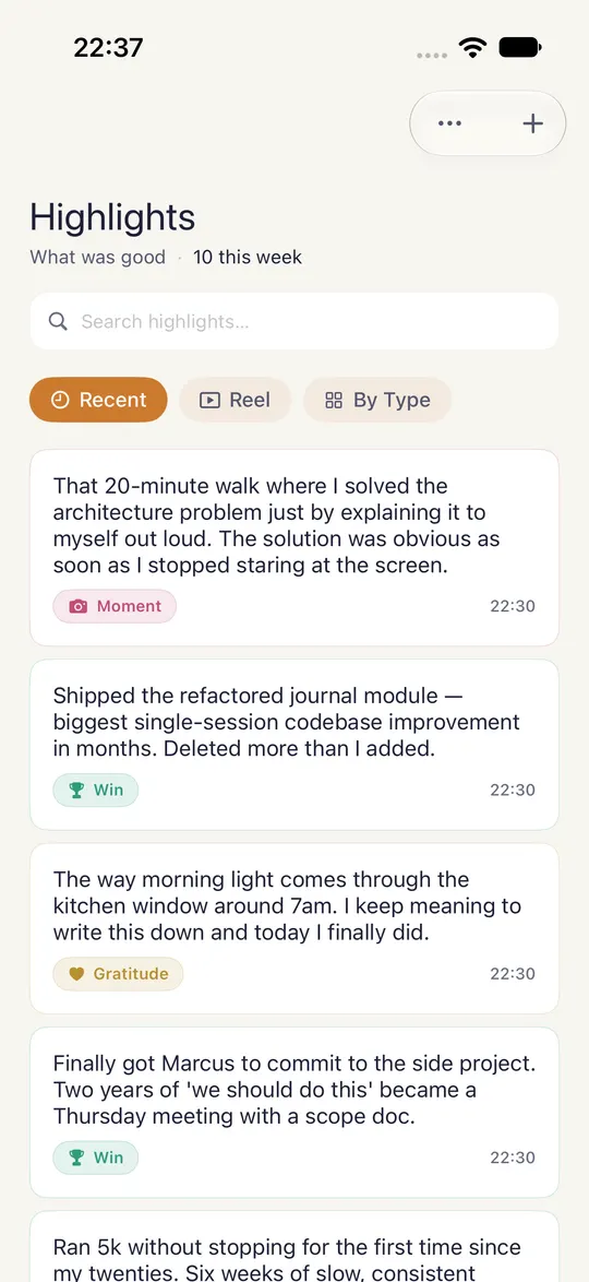 HourLife's Highlights, what was good: short notes such as a walk that solved a problem and a first 5k run, each tagged.