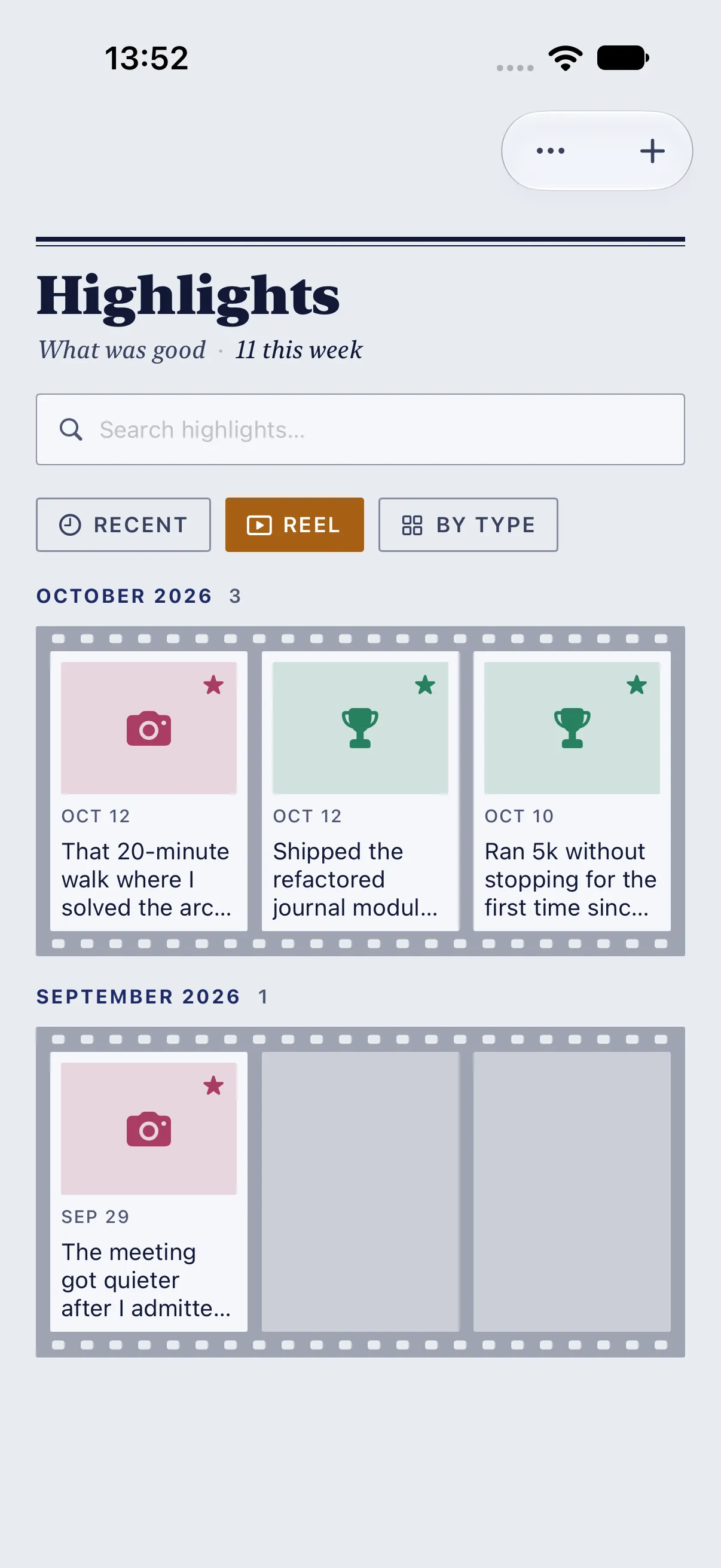 HourLife Highlights: Each month as a strip of film. October holds three starred highlights; September one, beside two blank frames.