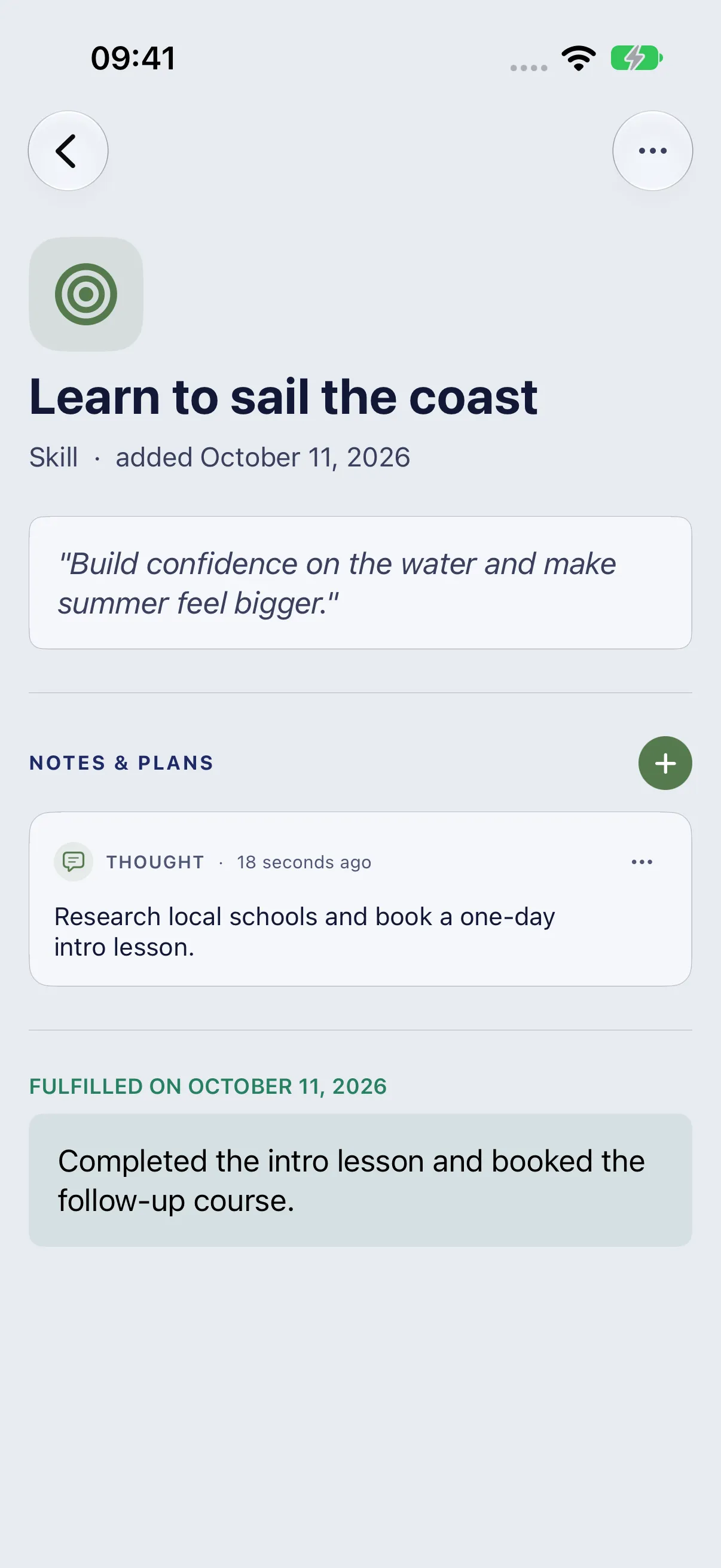 HourLife Desires: “Learn to sail the coast” after it came true: its why, a Thought from “NOTES & PLANS”, and the note written when it was marked fulfilled on October 11, 2026.