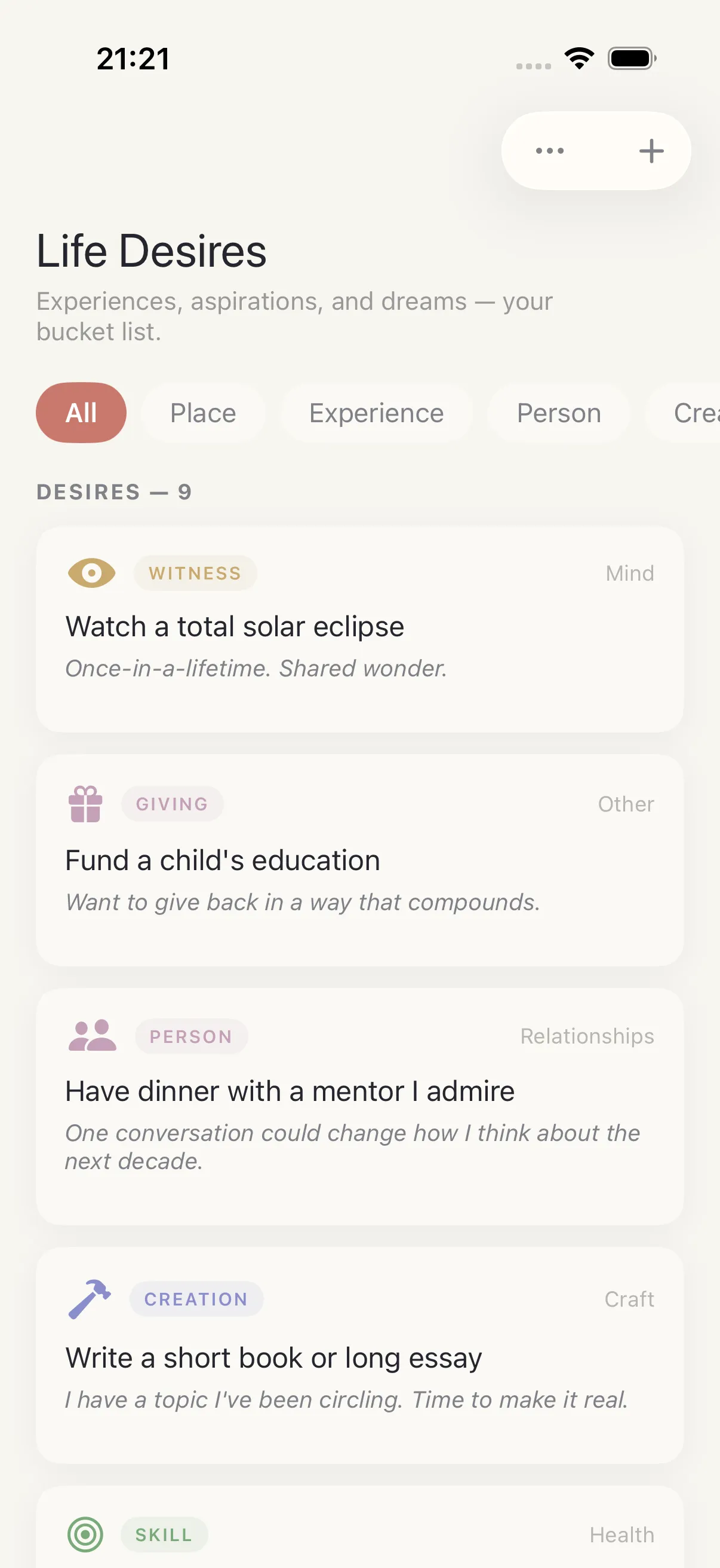 Ikigai screen in HourLife