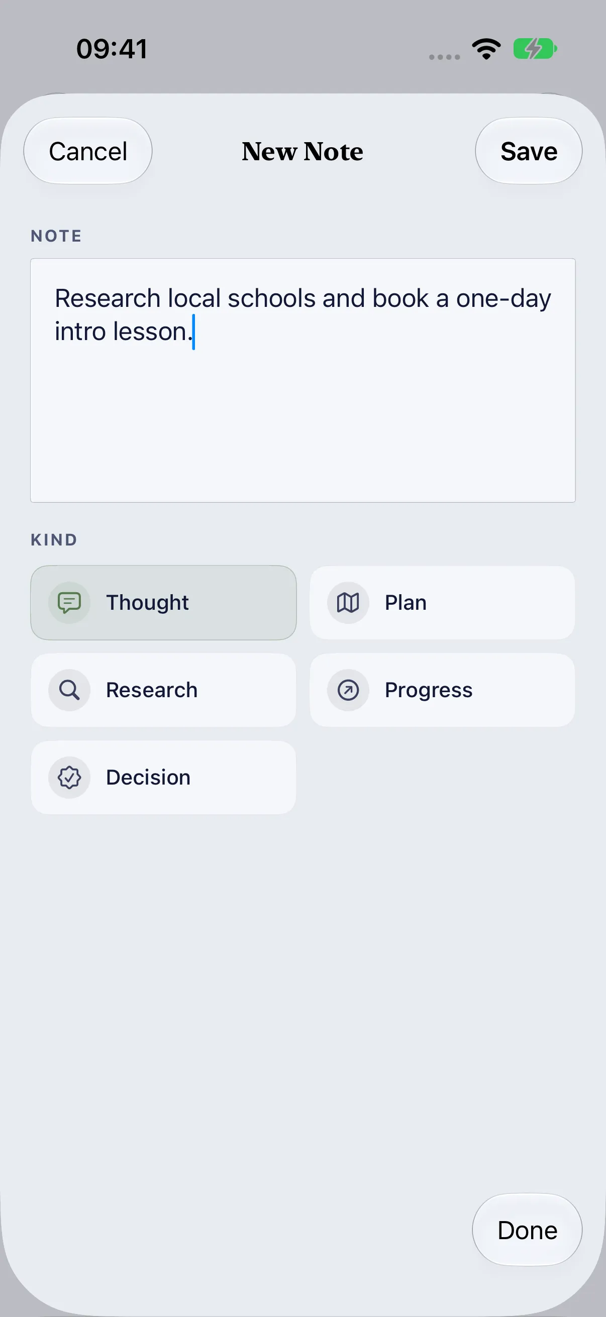 HourLife Desires: A new note under “NOTES & PLANS”, marked Thought, Plan, Research, Progress or Decision.