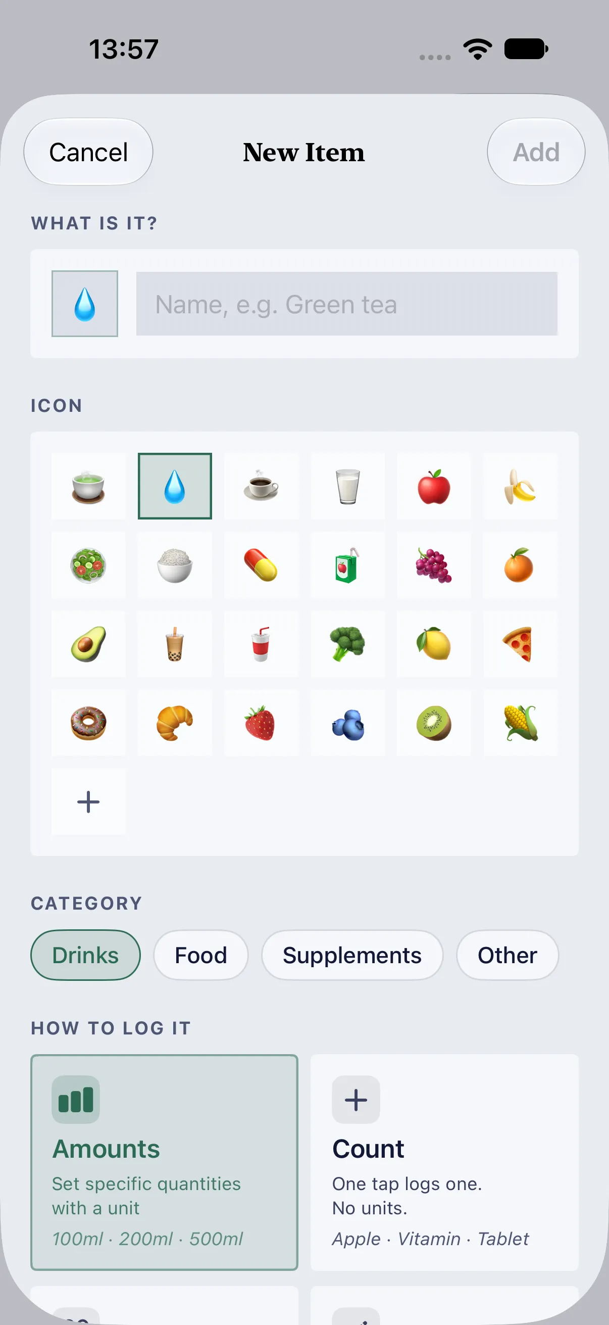 HourLife Intake: The New Item sheet with an icon picked from the grid, Drinks as the category, and Amounts chosen under “HOW TO LOG IT”.