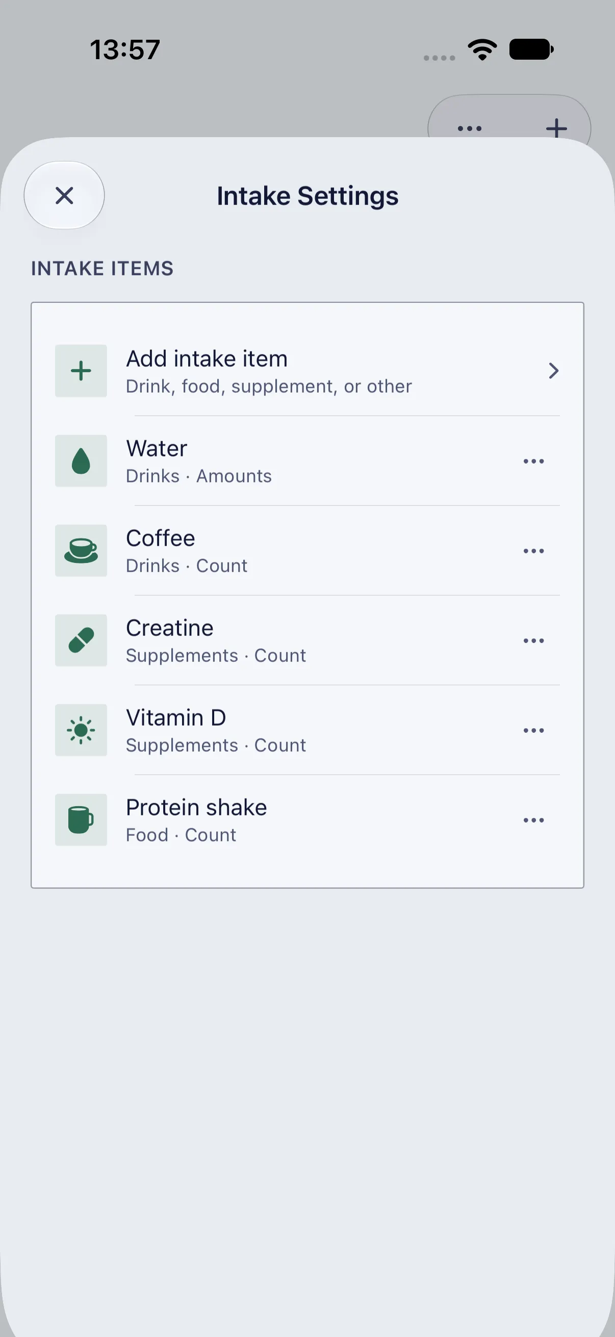 HourLife Intake: Intake Settings, listing each item with its category and how it logs, under “Add intake item”.
