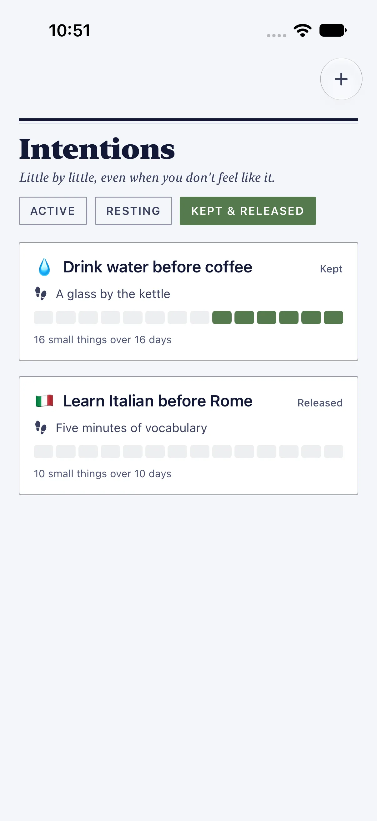HourLife Intentions: Drink water before coffee, kept, its strip still filled by the Drink water habit, and Learn Italian before Rome, released.