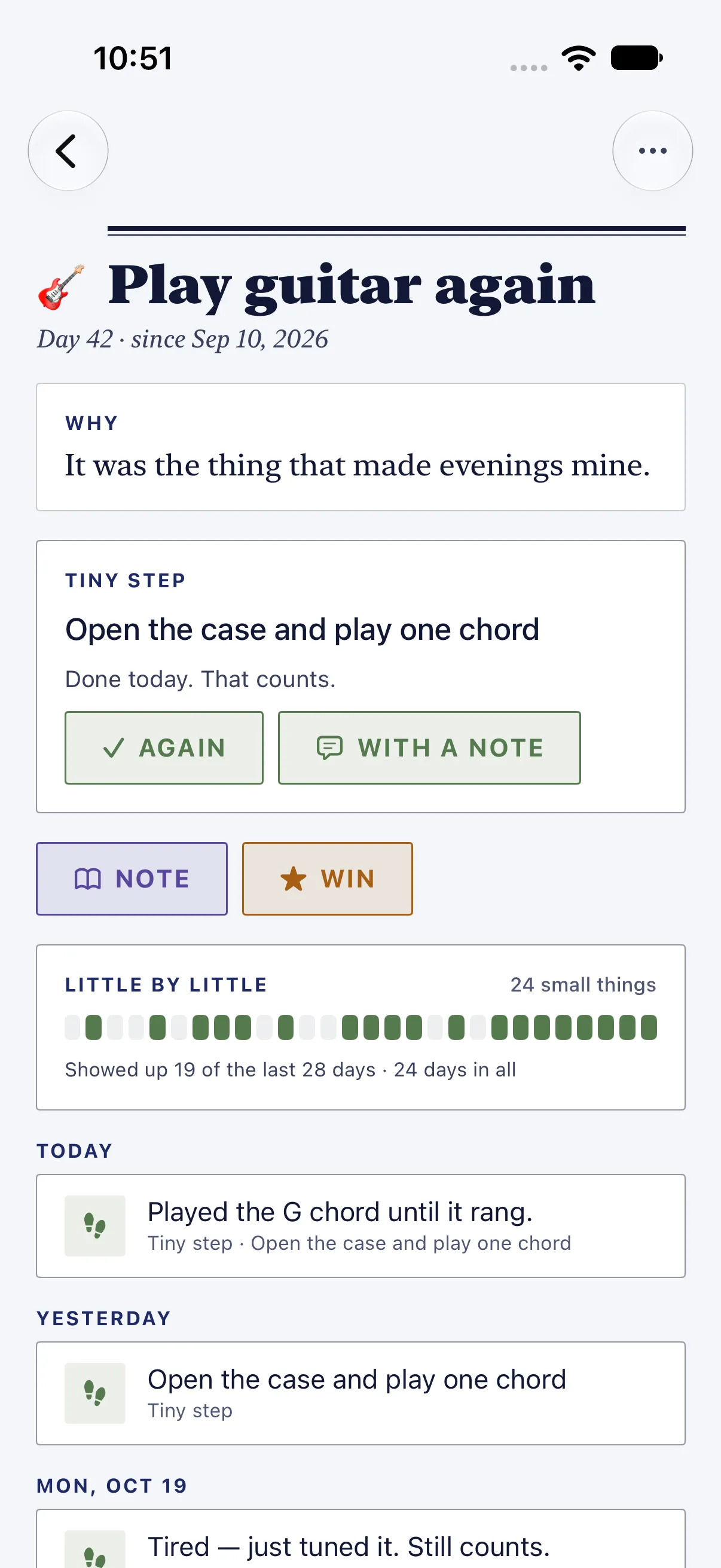 HourLife Intentions: Play guitar again on day 42, with its why, today’s tiny step done, Note and Win, and “Showed up 19 of the last 28 days · 24 days in all” above today’s thread.