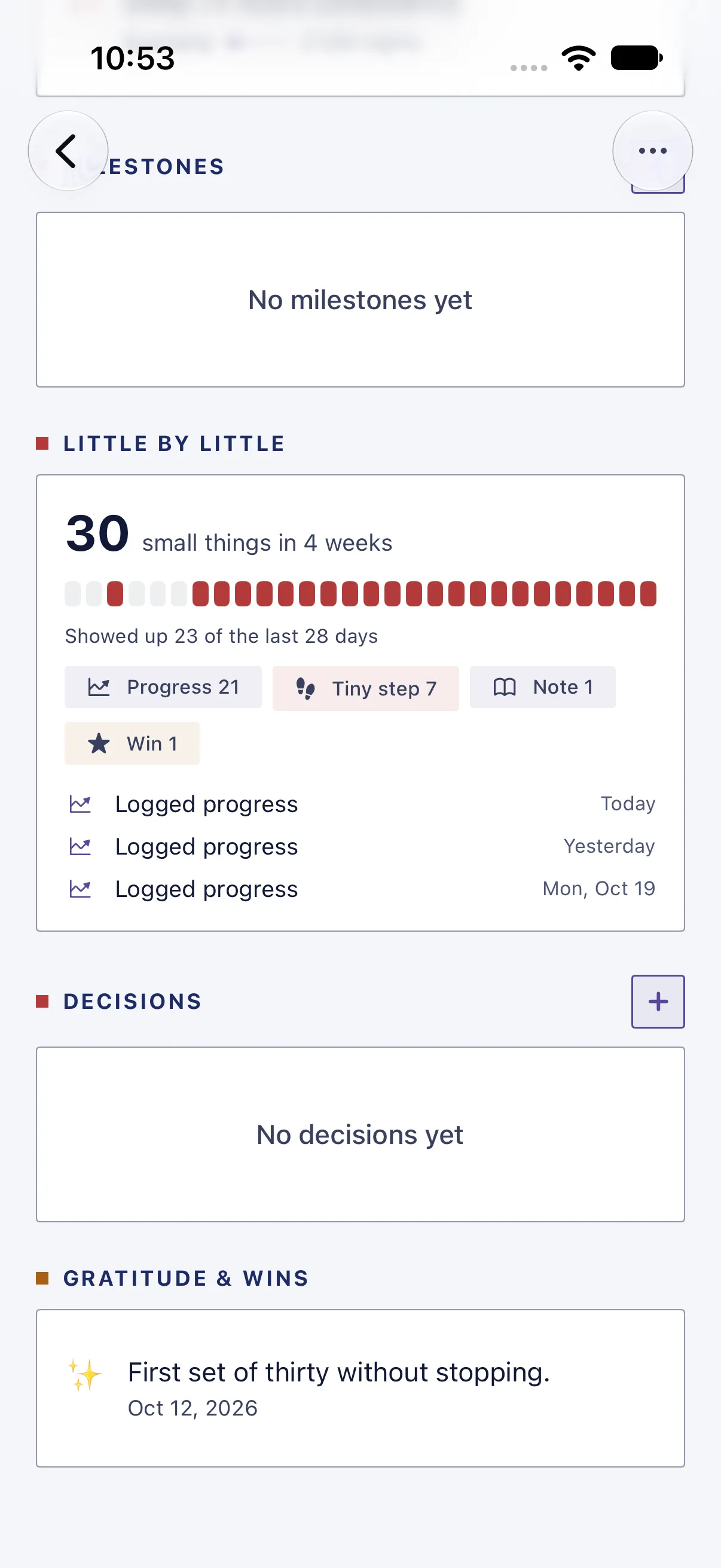 HourLife Intentions: Its goal’s “Little by little”, with Get stronger linked, 30 small things in 4 weeks, Progress 21, Tiny step 7, Note 1 and Win 1.