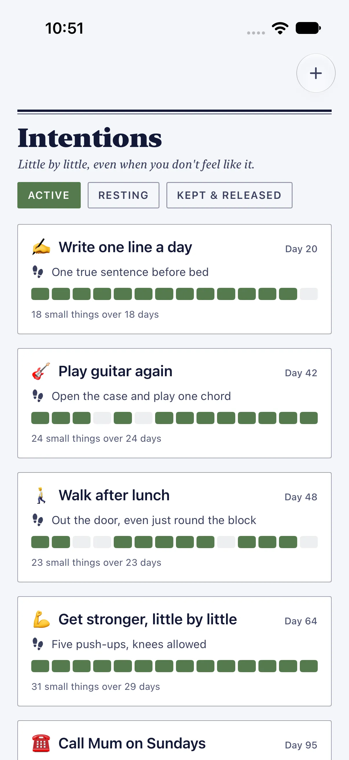 HourLife Intentions: Active intentions, newest first, from Write one line a day on day 20 with 18 small things over 18 days, to Play guitar again on day 42 with 24 over 24, each with its tiny step and its last 14 days.