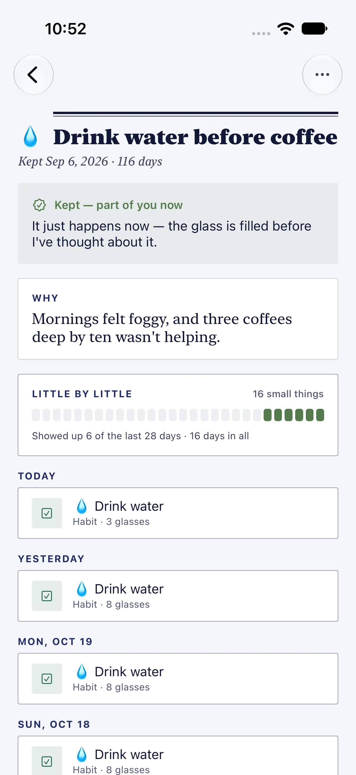 HourLife Intentions: “Kept Sep 6, 2026 · 116 days”, with what changed in its own words, and the linked Drink water habit still adding to its thread.