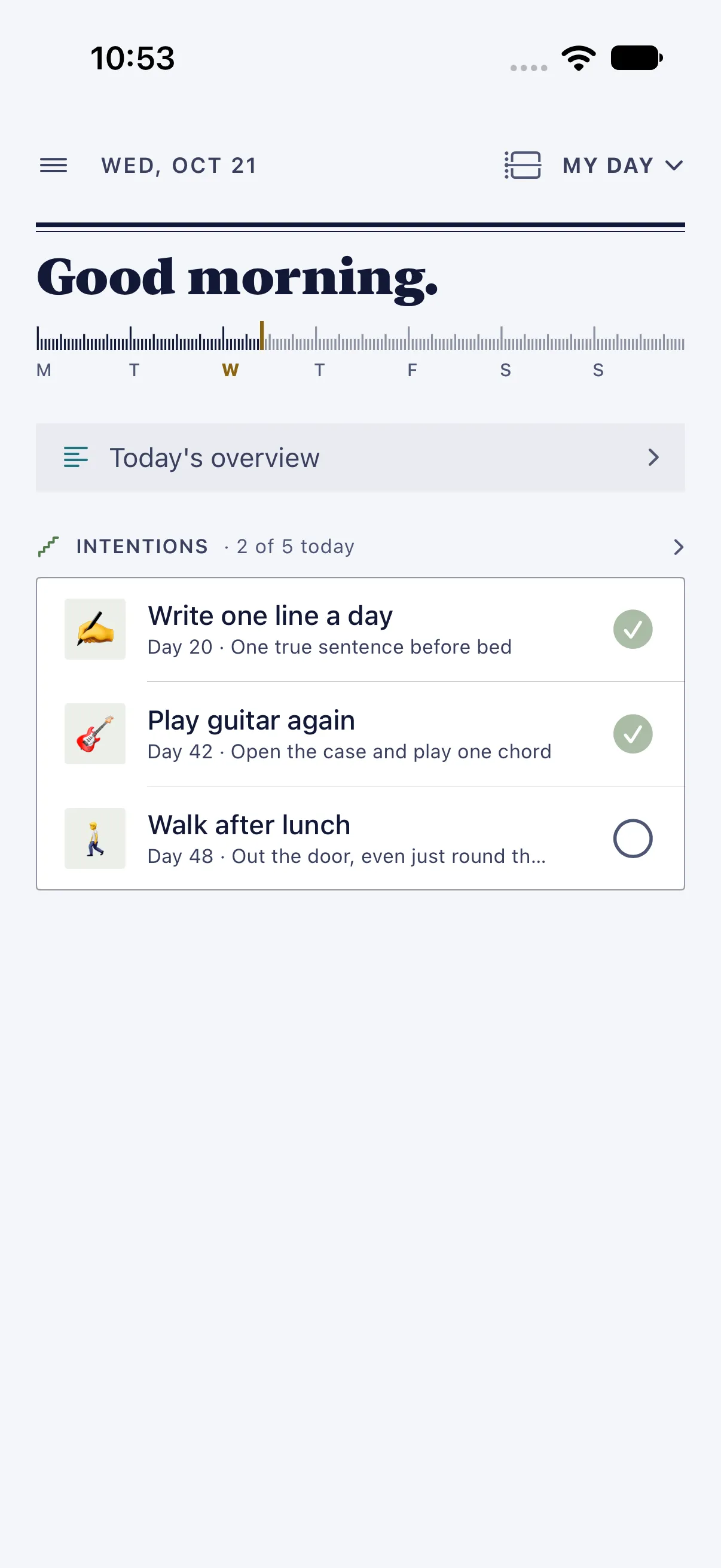 HourLife Intentions: The Intentions card on Today, “2 of 5 today”, with Write one line a day and Play guitar again ticked and Walk after lunch still to do.