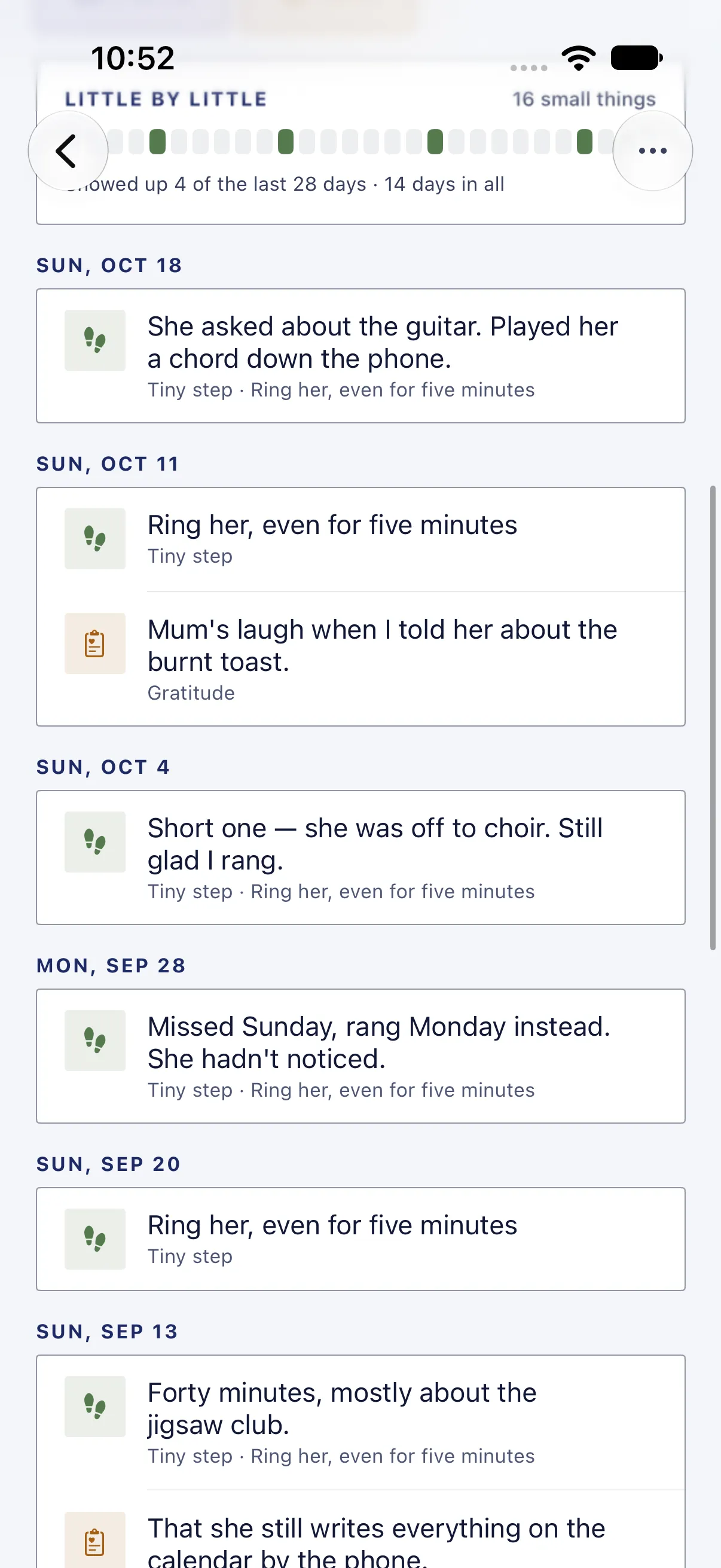 HourLife Intentions: Call Mum on Sundays shows up 4 of the last 28 days and 14 days in all, each call a tiny step with its own line.