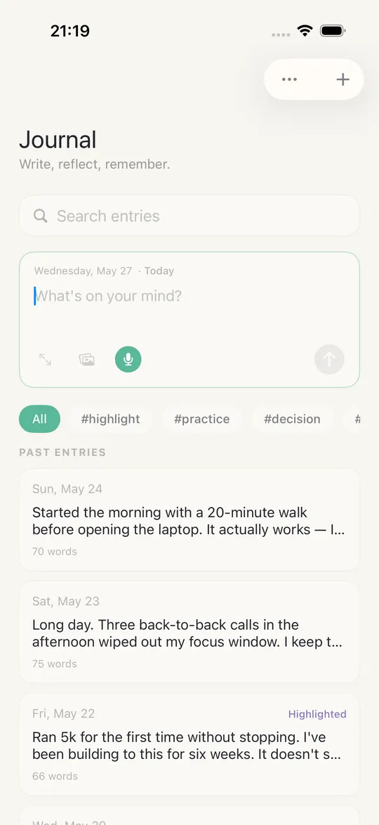 HourLife's Journal: a box asking what's on your mind, tags for highlights, practice and decisions, and past entries by date.