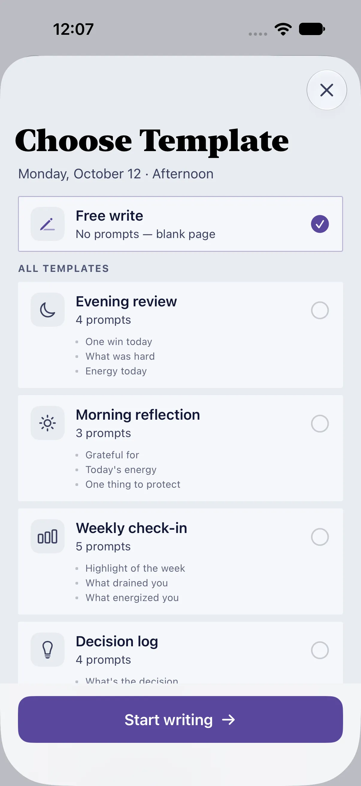 “Choose Template”: Free write, Evening review, Morning reflection, Weekly check-in and Decision log, each with its prompts.