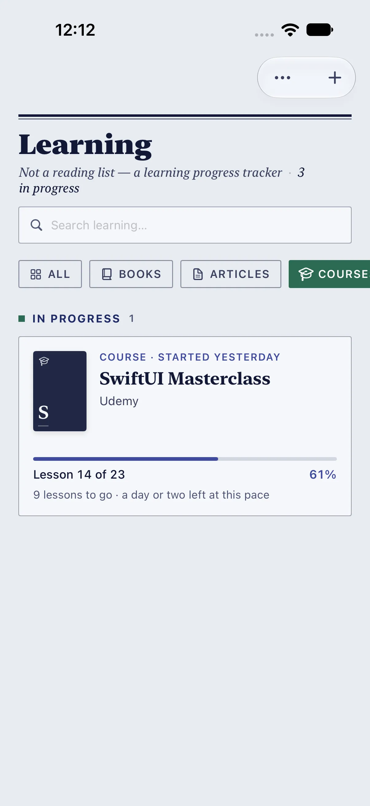 Courses chosen, with a course counted in lessons, “Lesson 14 of 23”, and what is left.