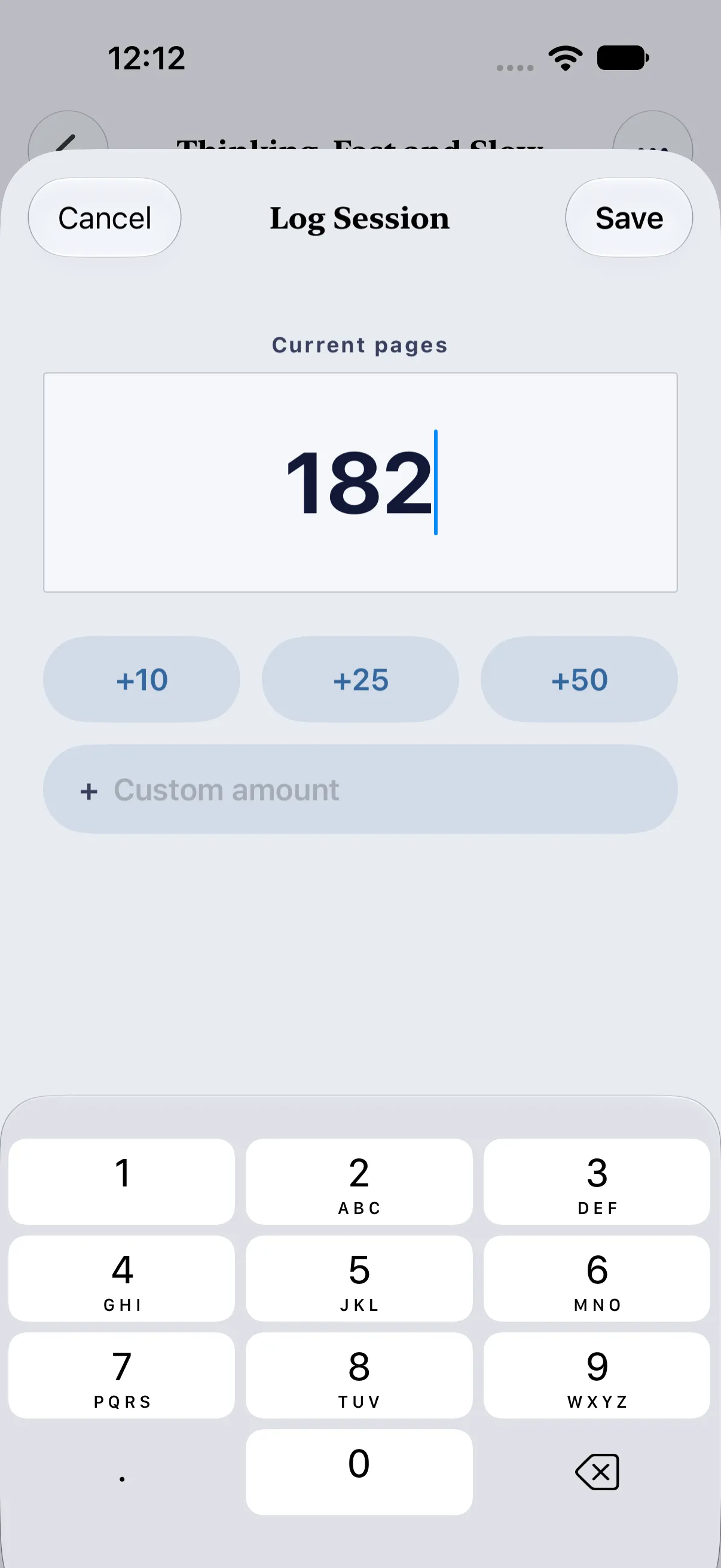HourLife Learning: Log Session for Thinking, Fast and Slow, with “Current pages” at 182, the +10, +25 and +50 buttons and a custom amount.