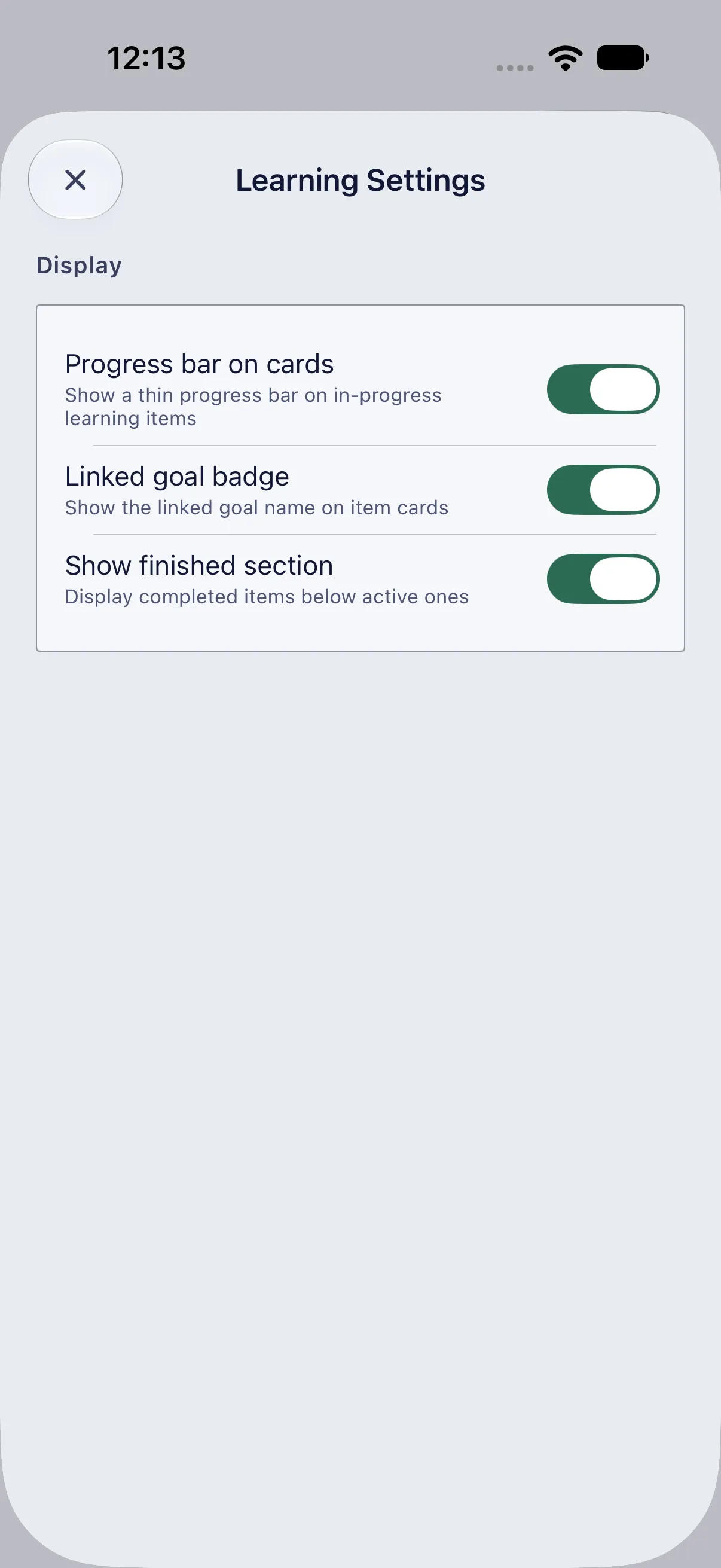HourLife Learning: Learning Settings with “Progress bar on cards”, “Linked goal badge” and “Show finished section”.