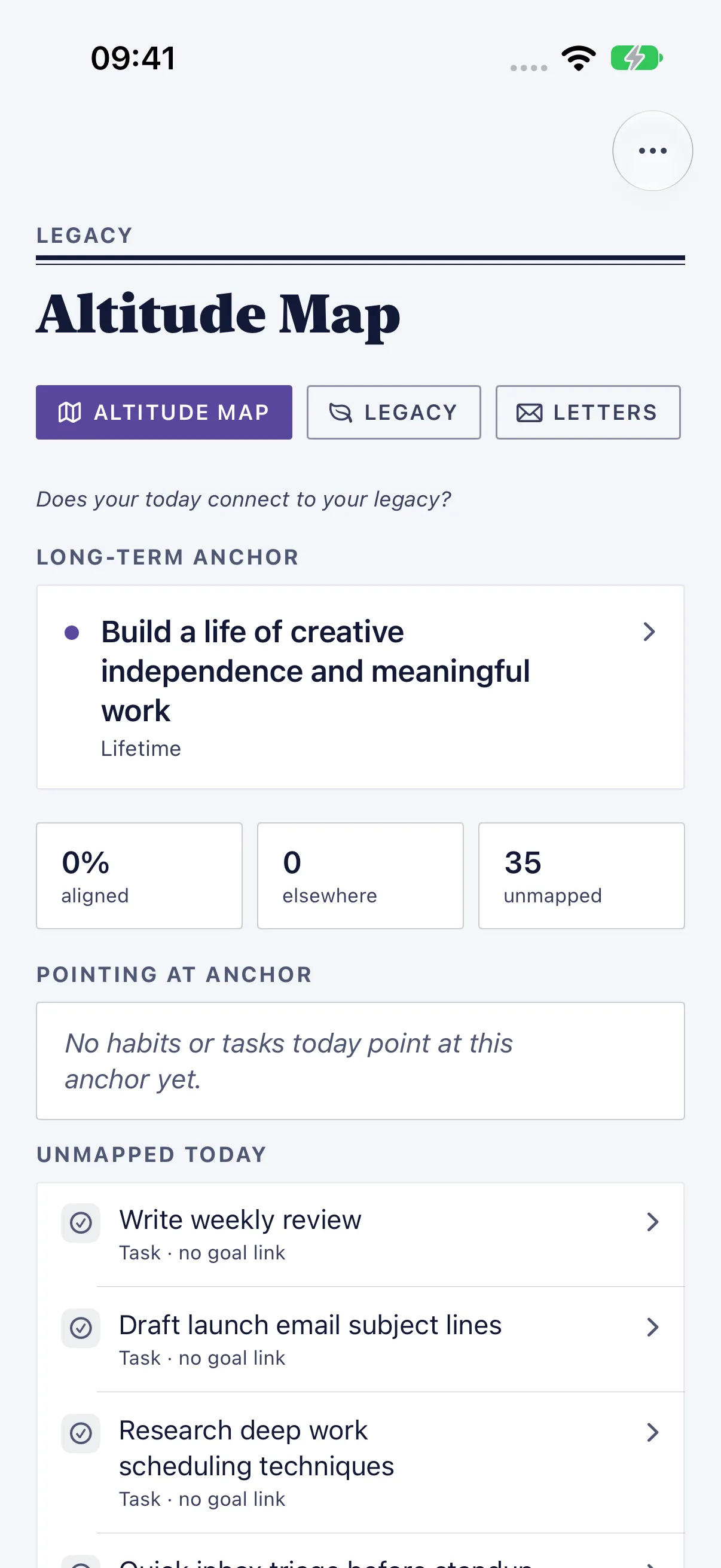 HourLife Legacy: A lifetime goal as the long-term anchor, with counts of aligned, elsewhere, and unmapped items and today's unmapped tasks.