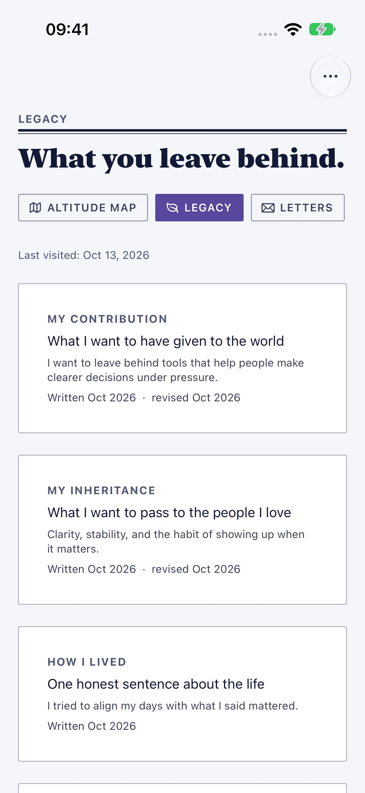 HourLife Legacy: The Legacy tab with the “My contribution”, “My inheritance”, and “How I lived” documents, each with its first lines and dates.